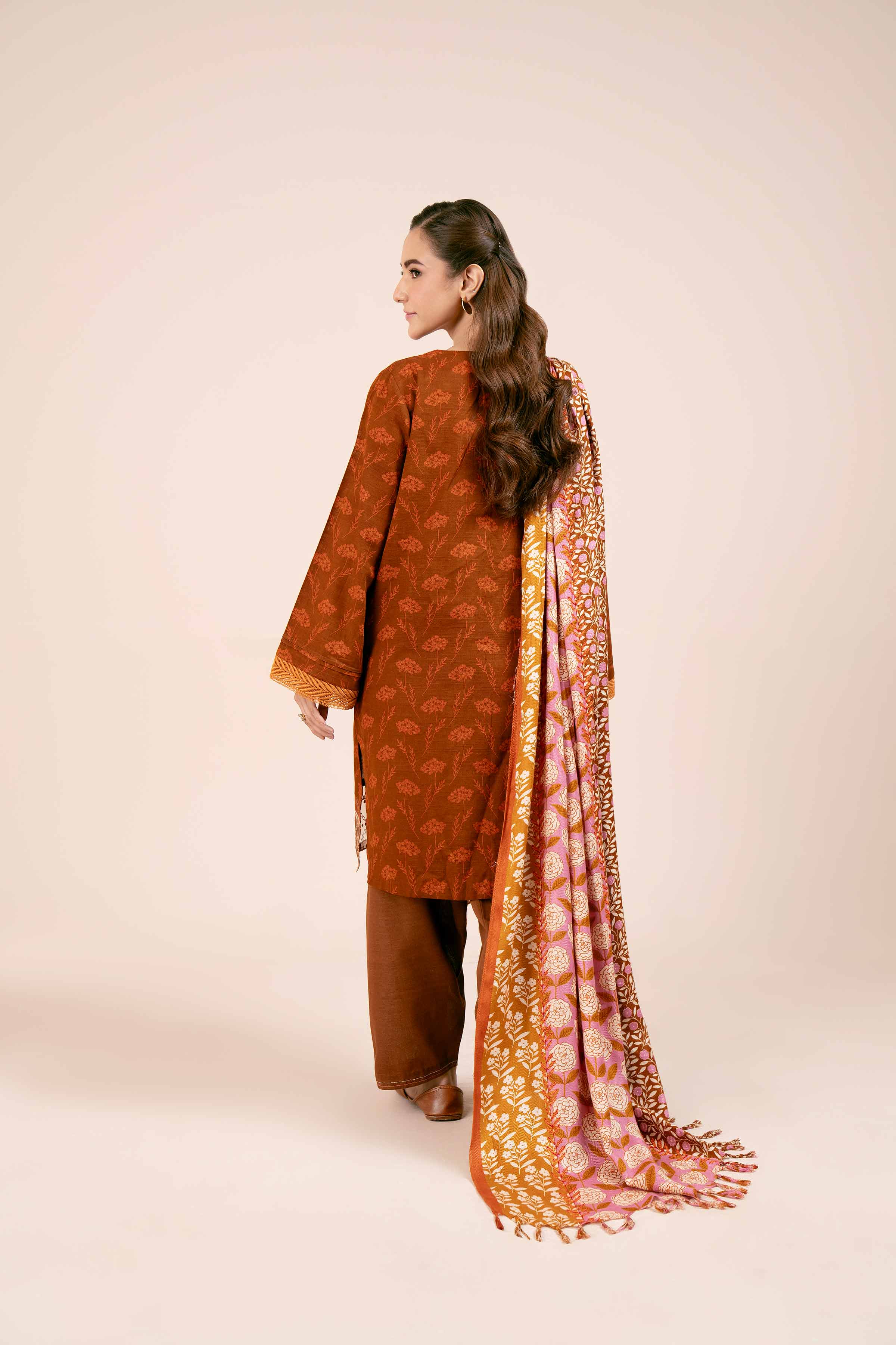 NishatUK - Rust Orange Embroidered Khaddar 3-piece unstitched Suit