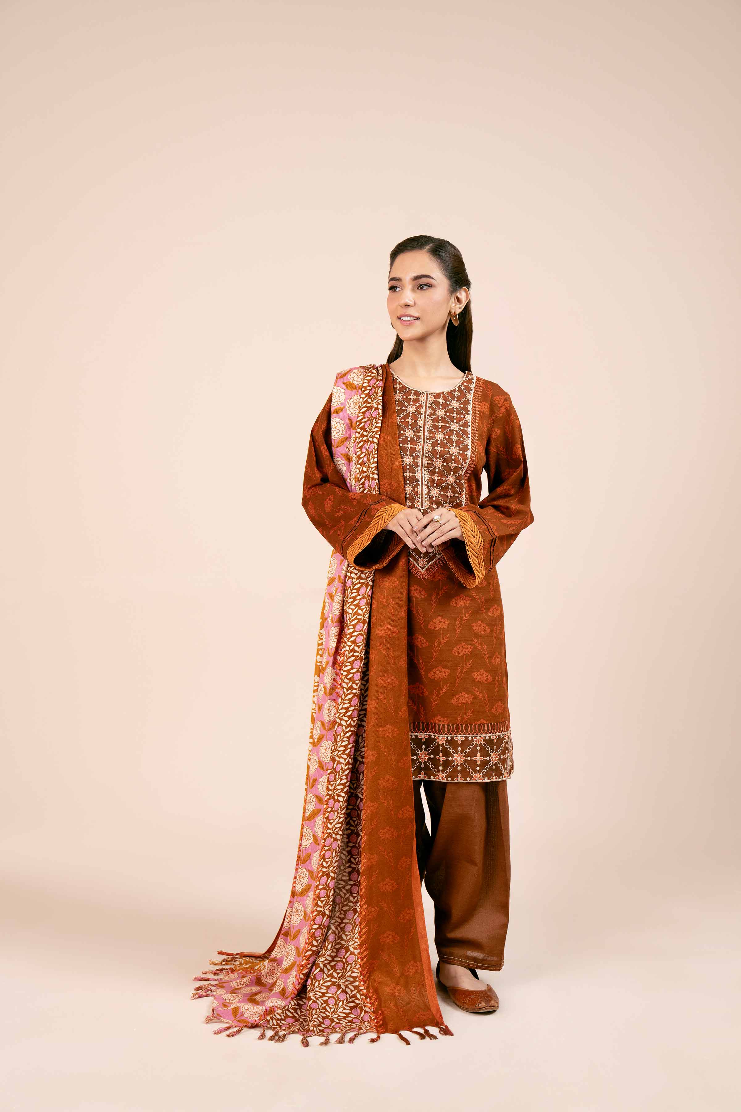 NishatUK - Rust Orange Embroidered Khaddar 3-piece unstitched Suit