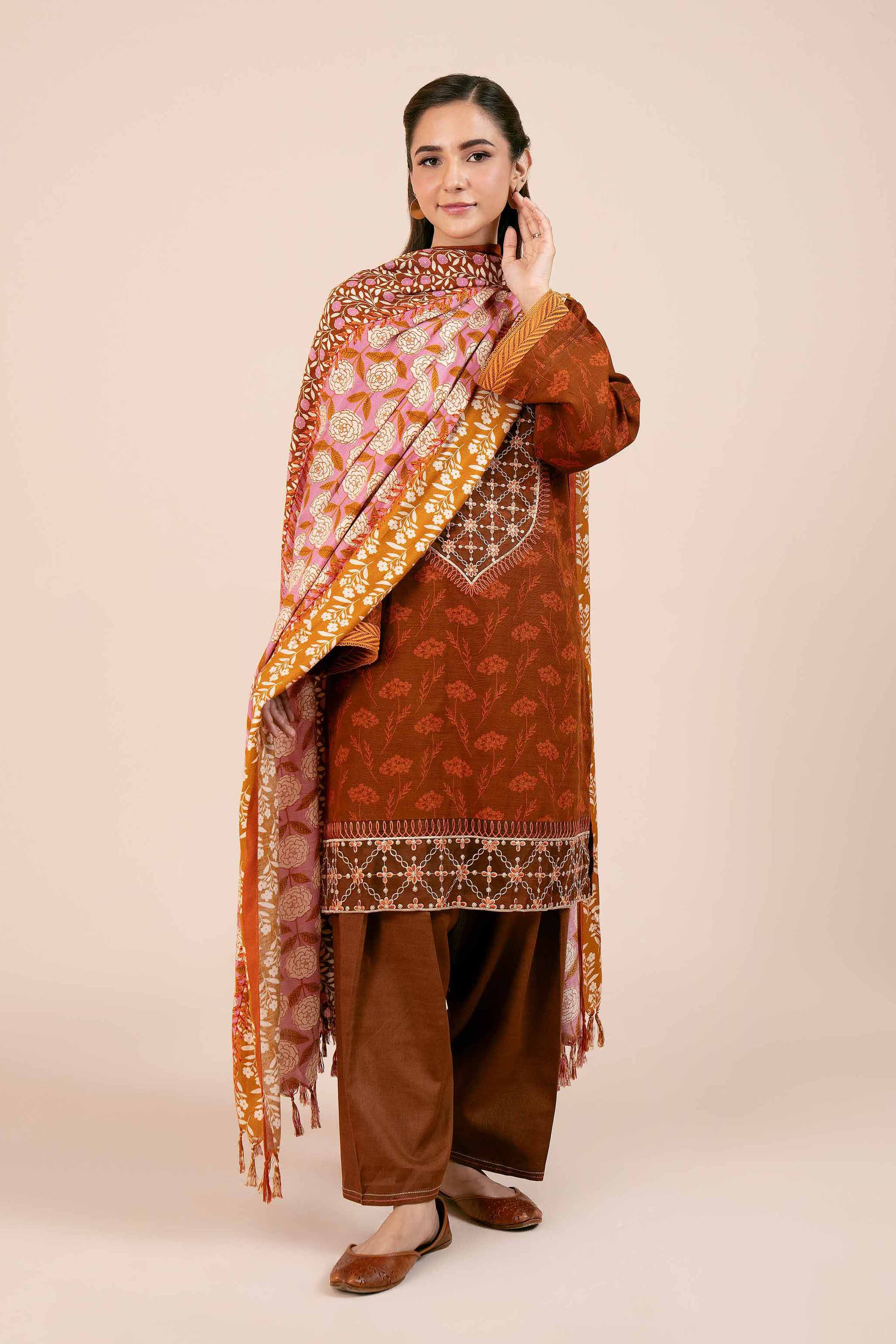 NishatUK - Rust Orange Embroidered Khaddar 3-piece unstitched Suit