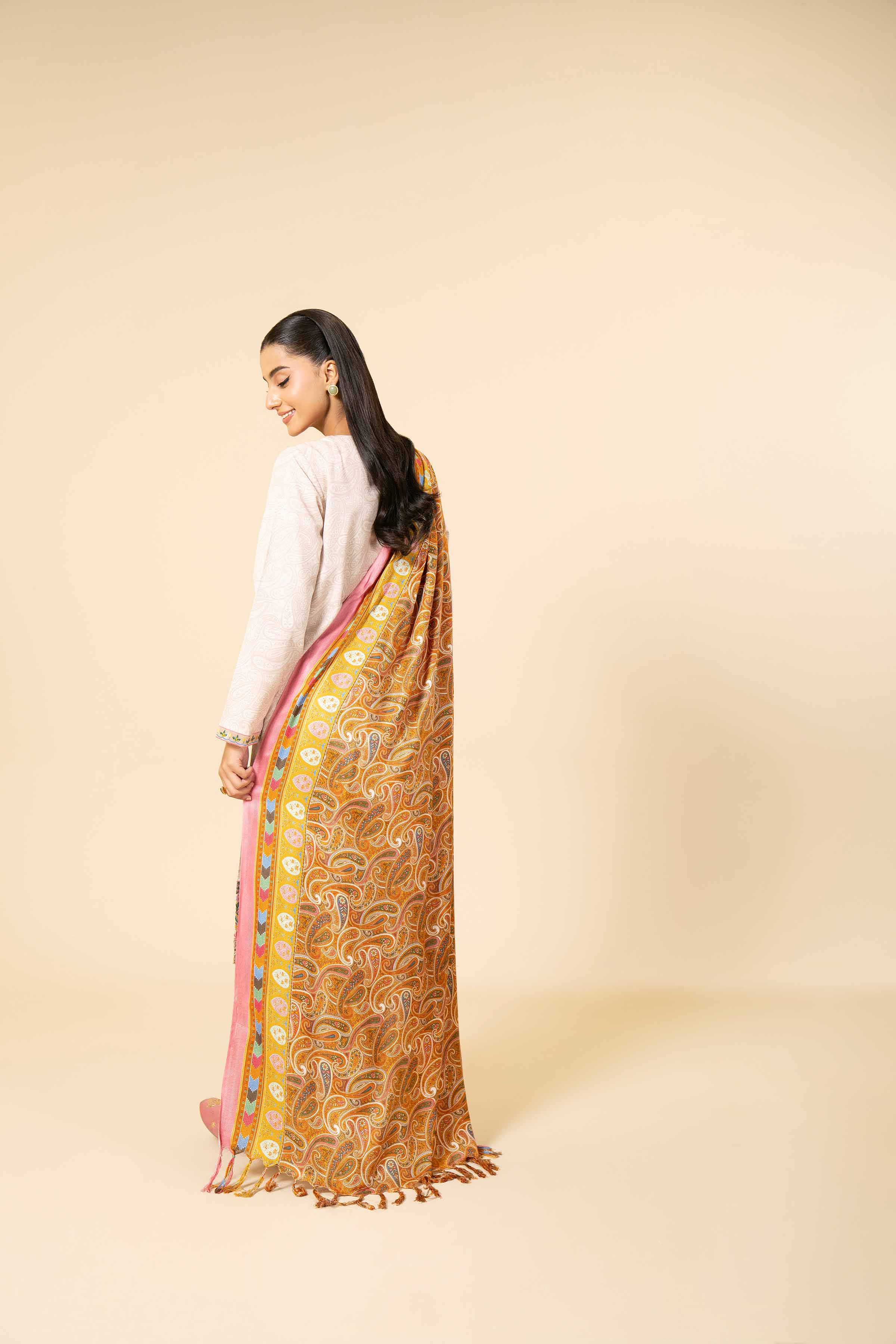 NishatUK - Orange & Beige Embroidered Khaddar 3-piece unstitched Suit