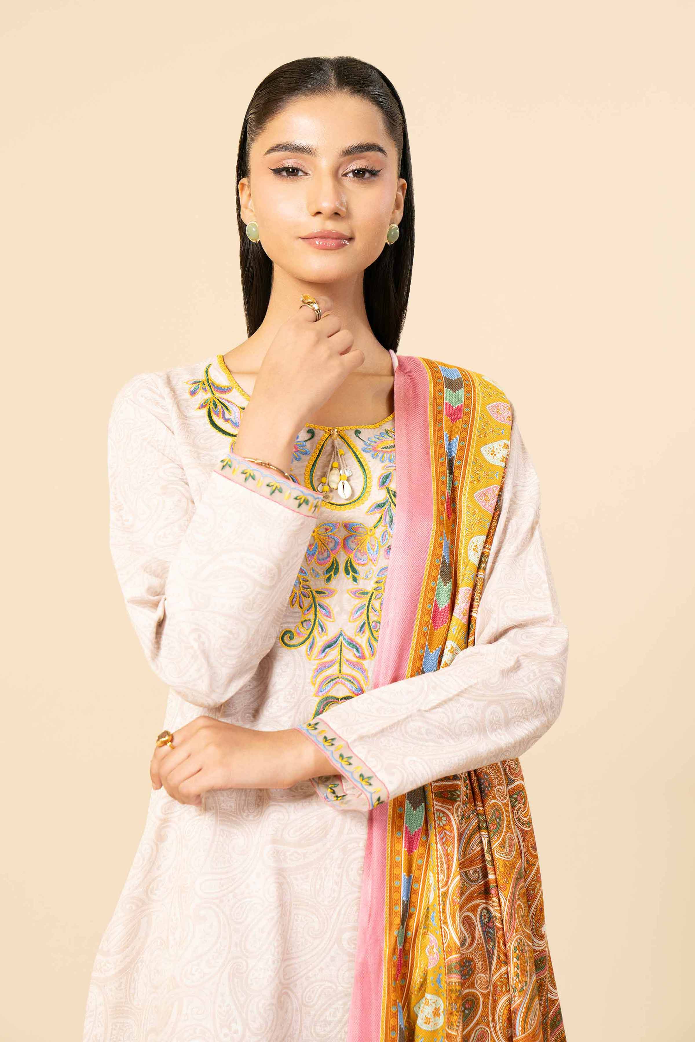 NishatUK - Orange & Beige Embroidered Khaddar 3-piece unstitched Suit