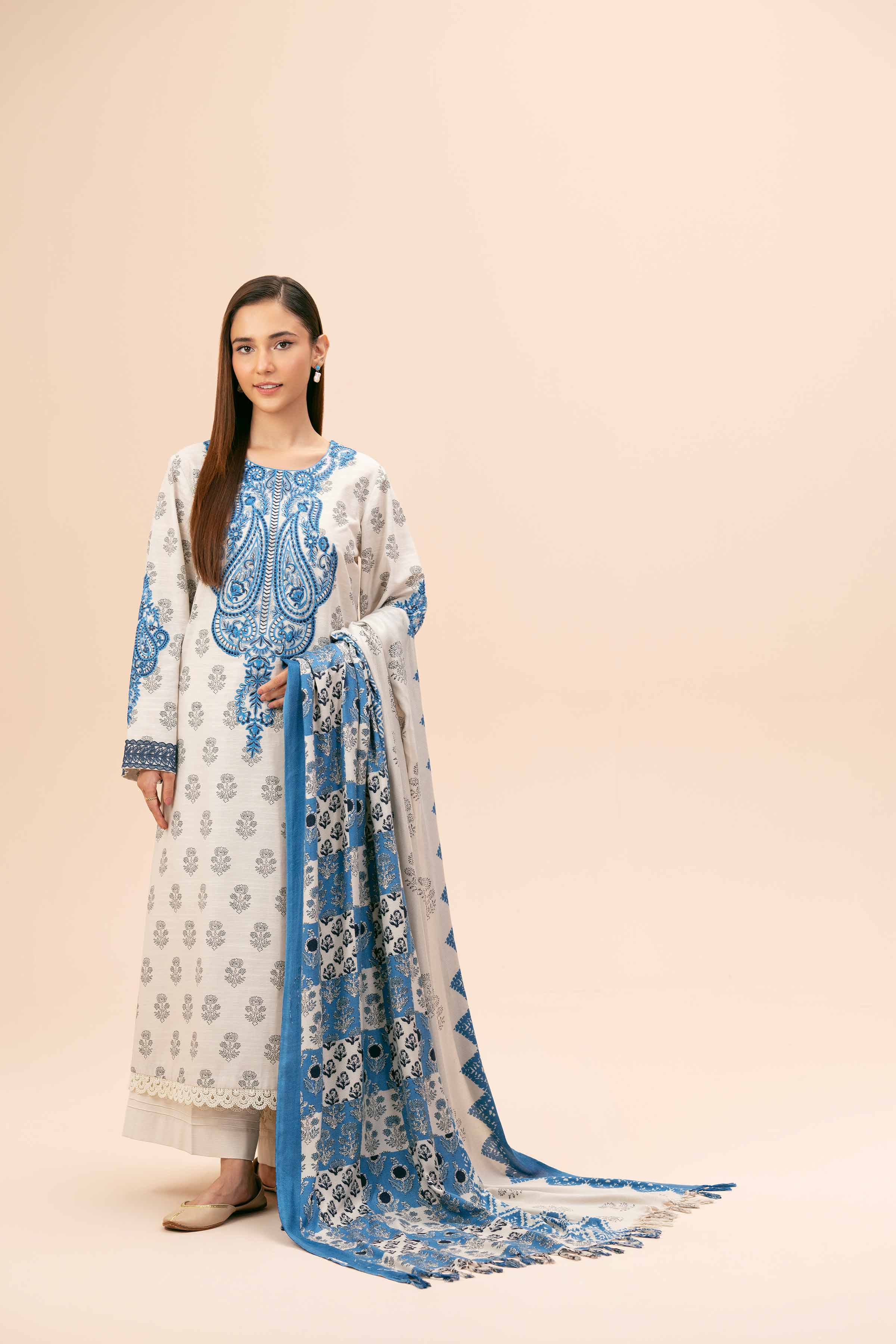 NishatUK - Beige Embroidered Khaddar 3-piece unstitched Suit