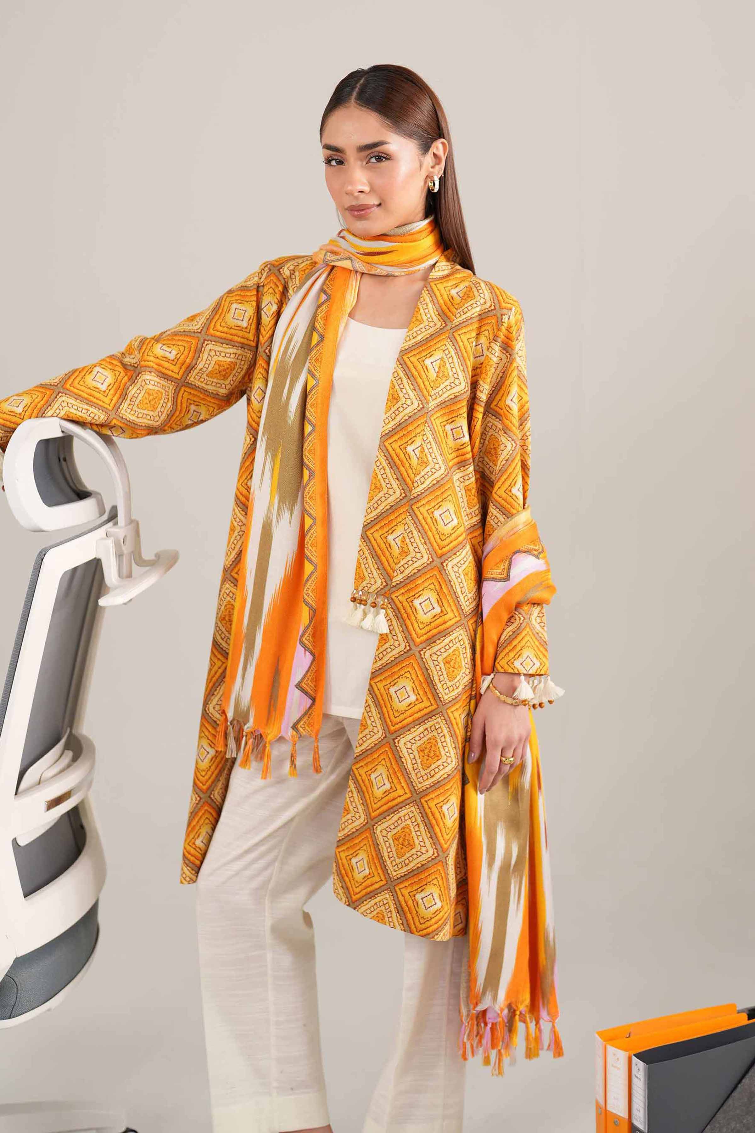 NishatUK - Orange Printed Khaddar 3-piece unstitched Suit