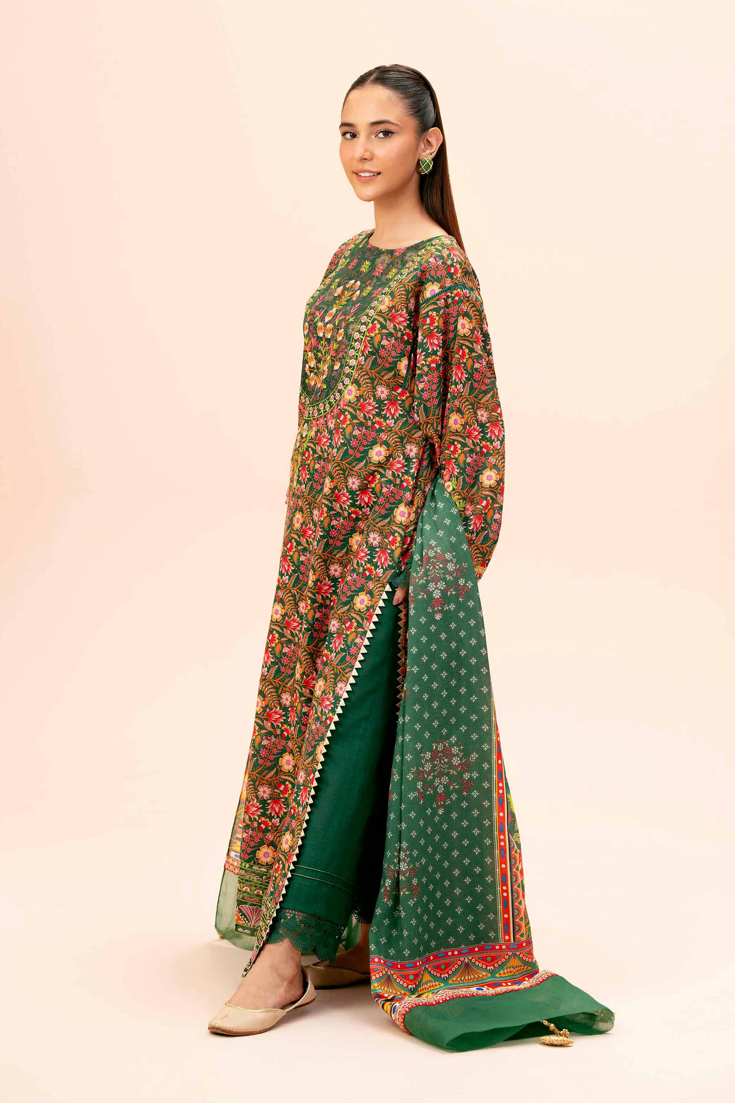 NishatUK - Green Embroidered Khaddar 3-piece unstitched Suit
