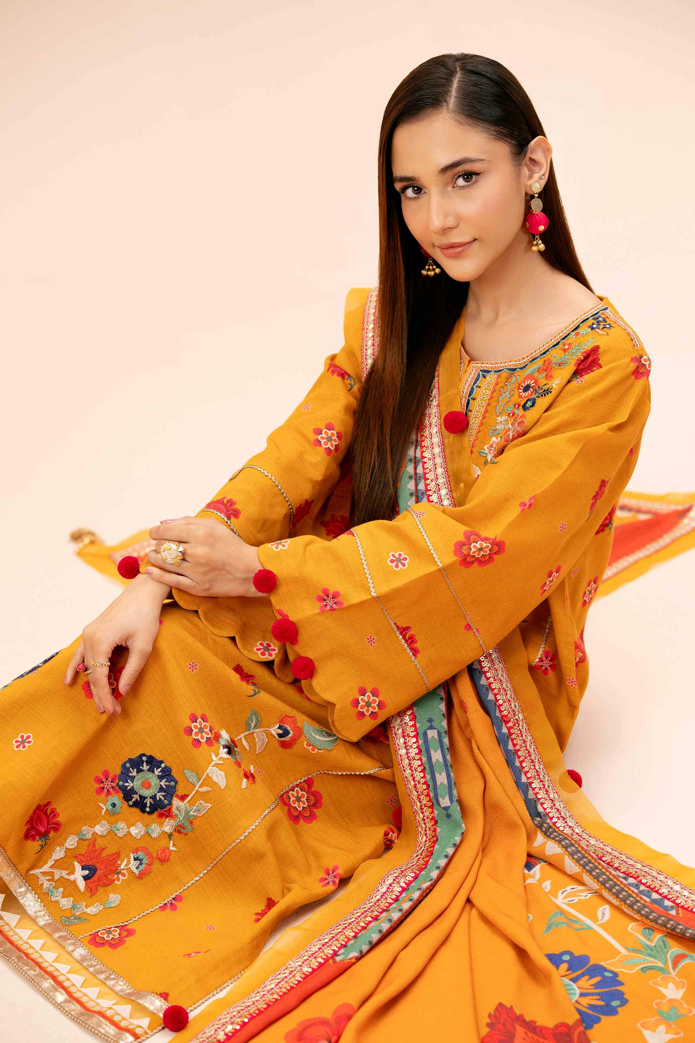 NishatUK - Mustard Embroidered Khaddar 3-piece unstitched Suit