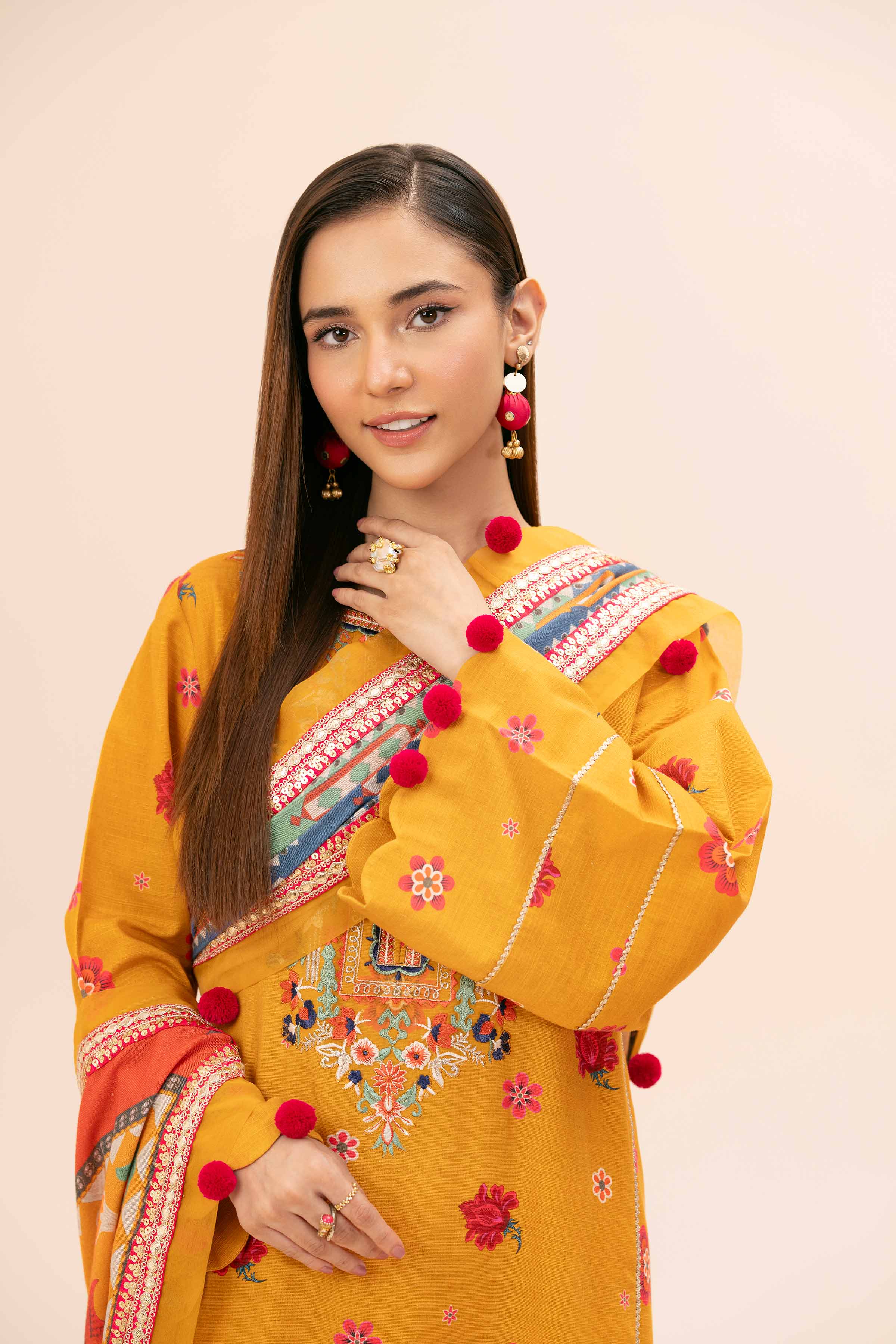 NishatUK - Mustard Embroidered Khaddar 3-piece unstitched Suit