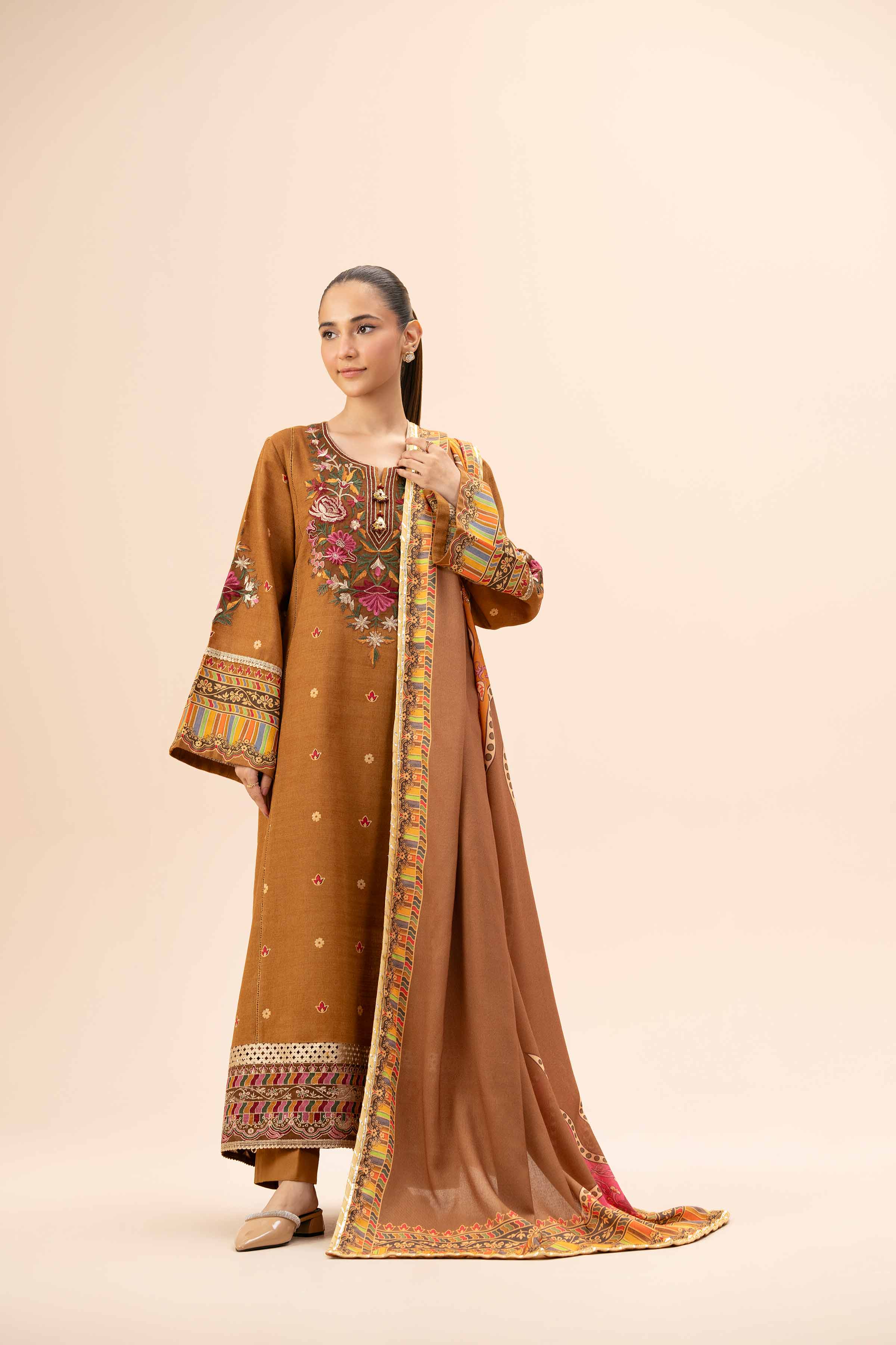 NishatUK - Brown Embroidered Khaddar 3-piece unstitched Suit