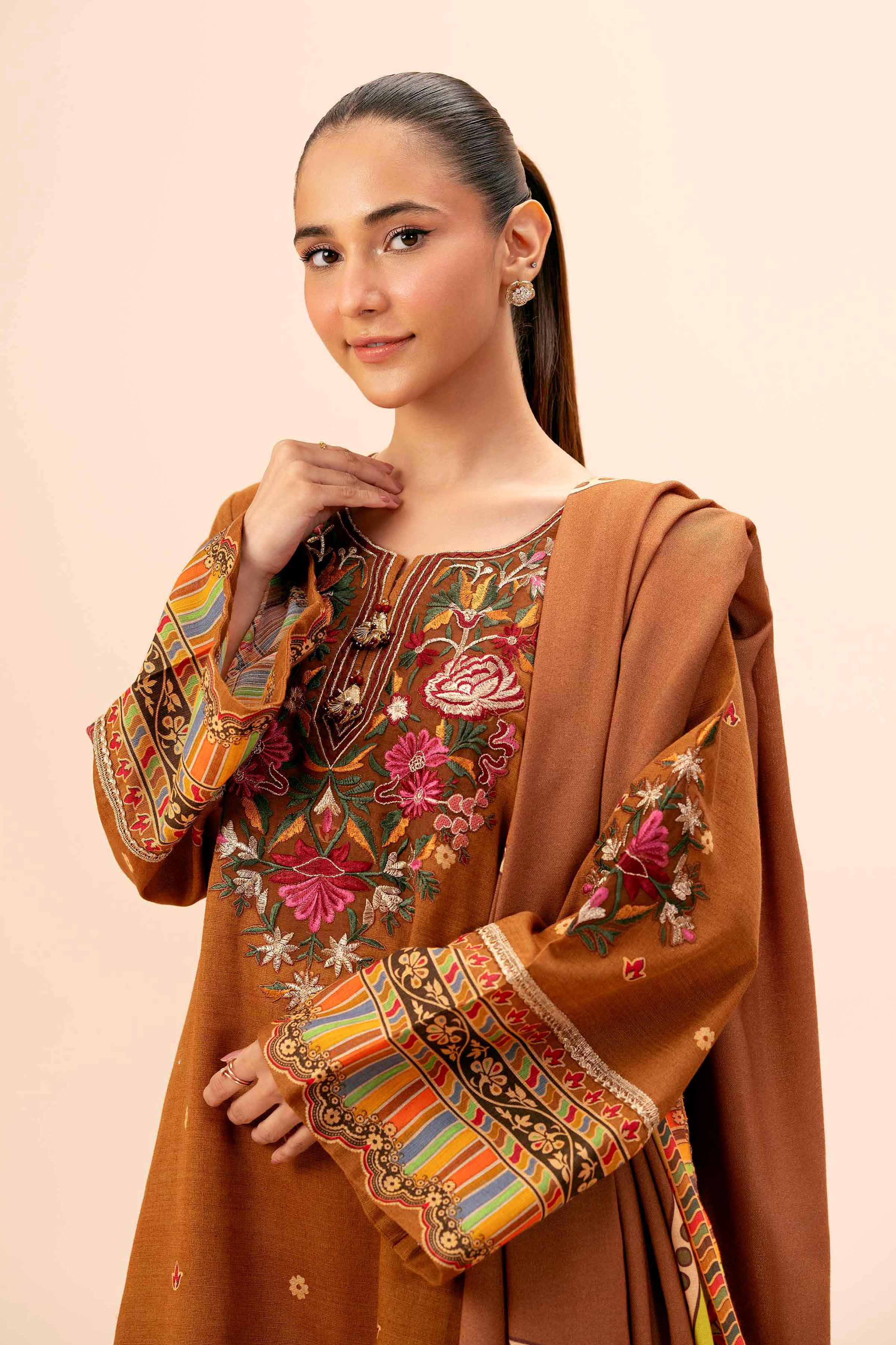 NishatUK - Brown Embroidered Khaddar 3-piece unstitched Suit