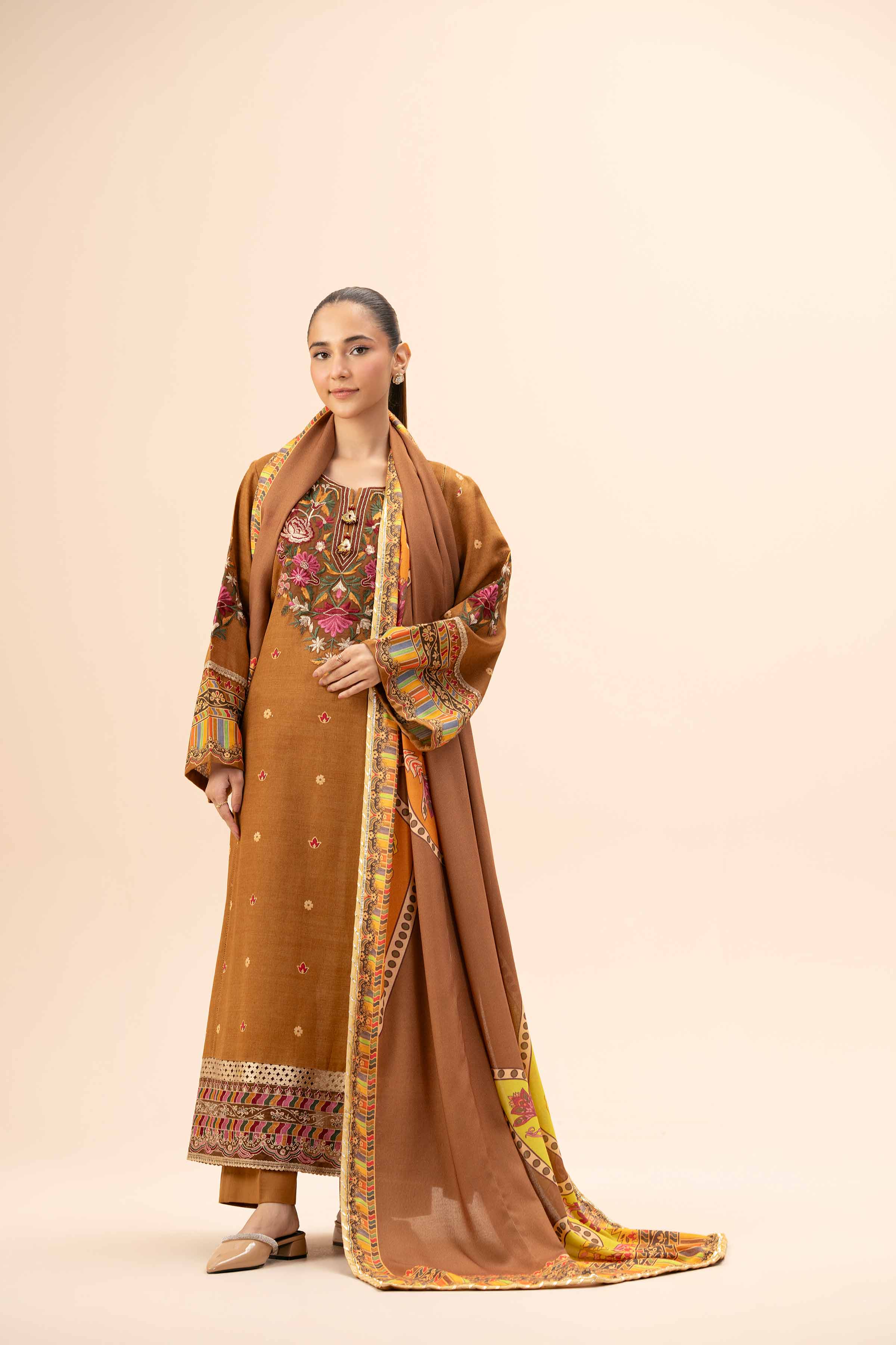 NishatUK - Brown Embroidered Khaddar 3-piece unstitched Suit