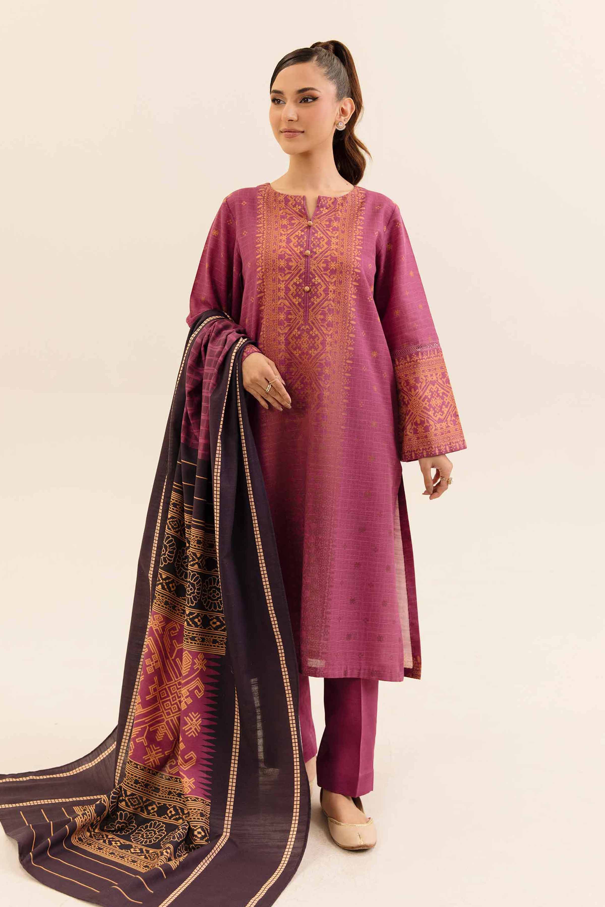 NishatUK - Magenta Printed Cotton 3-piece unstitched Suit