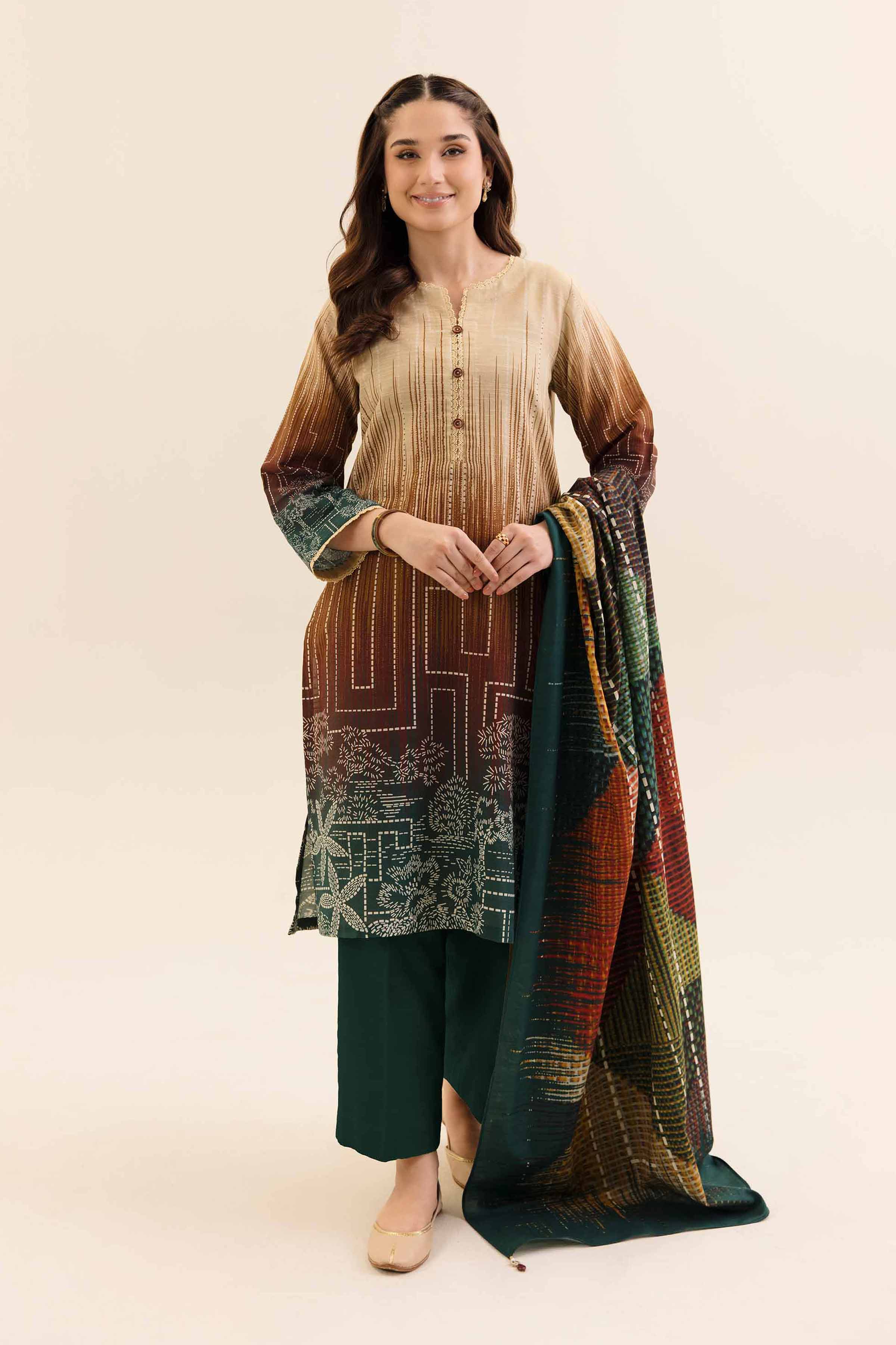 NishatUK - Rust Printed Cotton 3-piece unstitched Suit