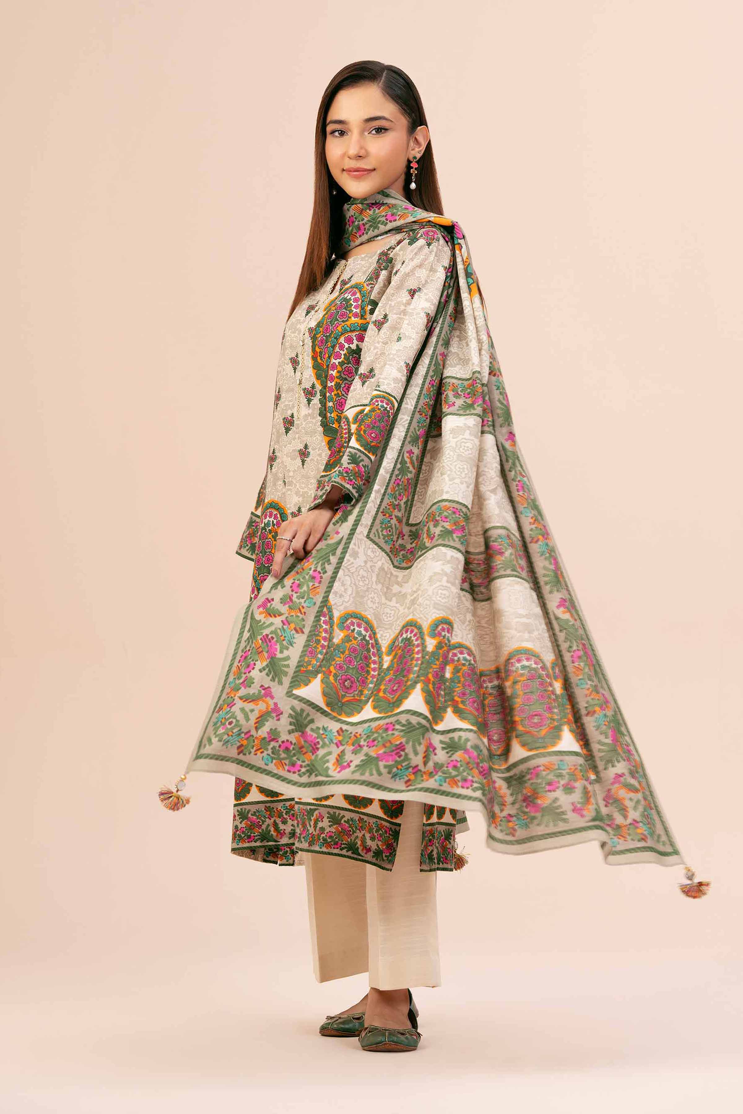 NishatUK - Beige Printed Cotton 3-piece unstitched Suit