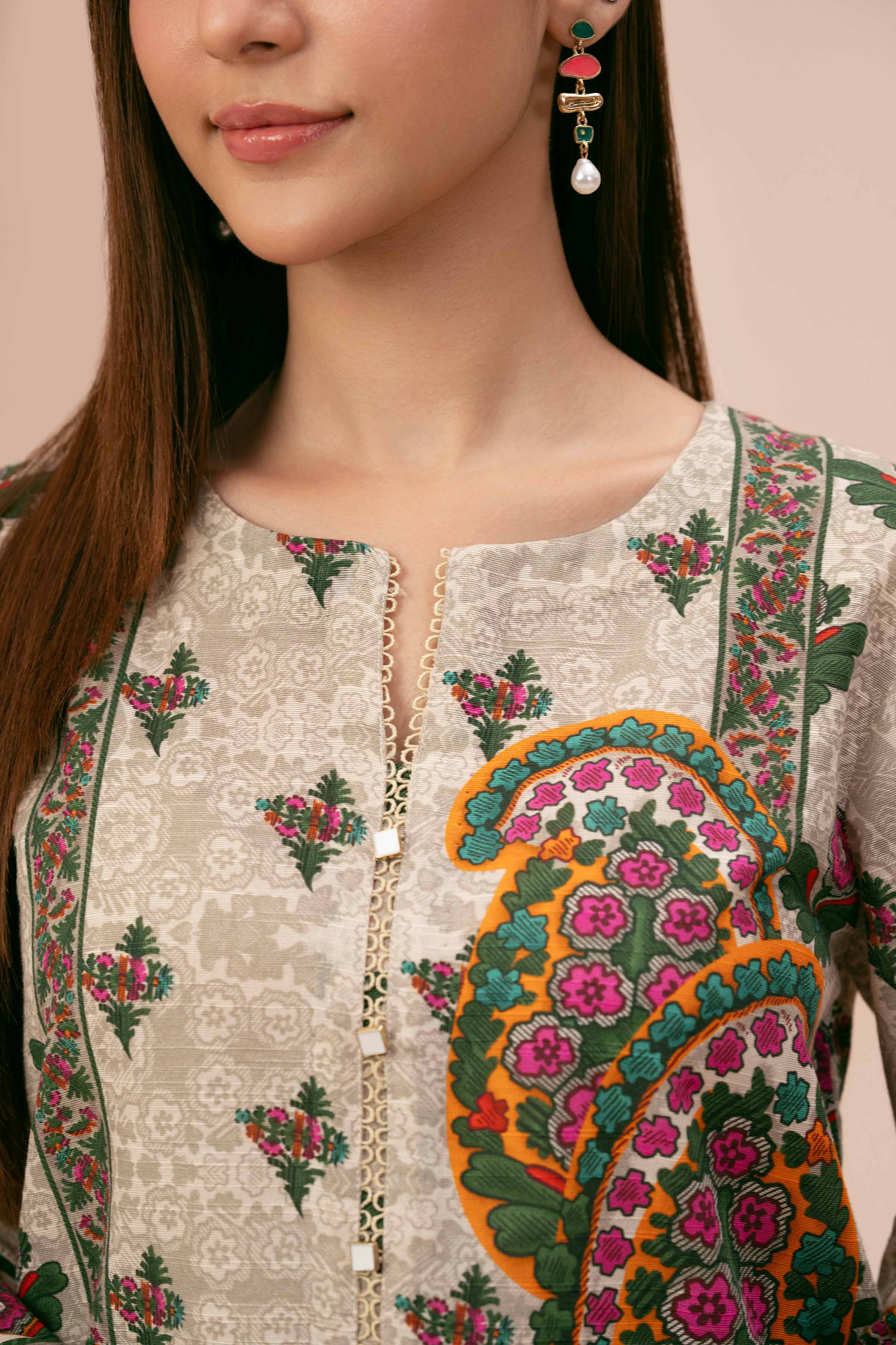 NishatUK - Beige Printed Cotton 3-piece unstitched Suit