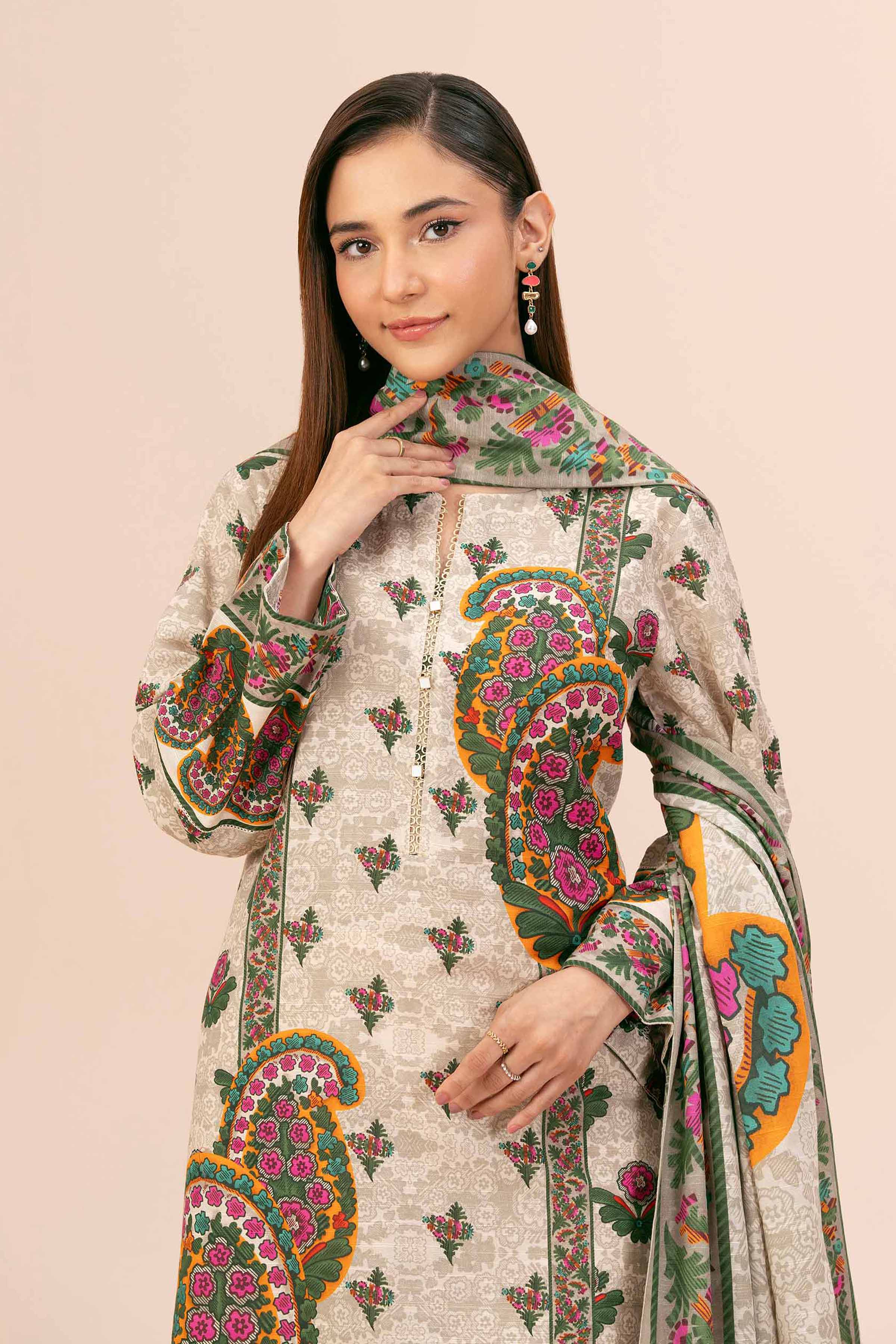 NishatUK - Beige Printed Cotton 3-piece unstitched Suit