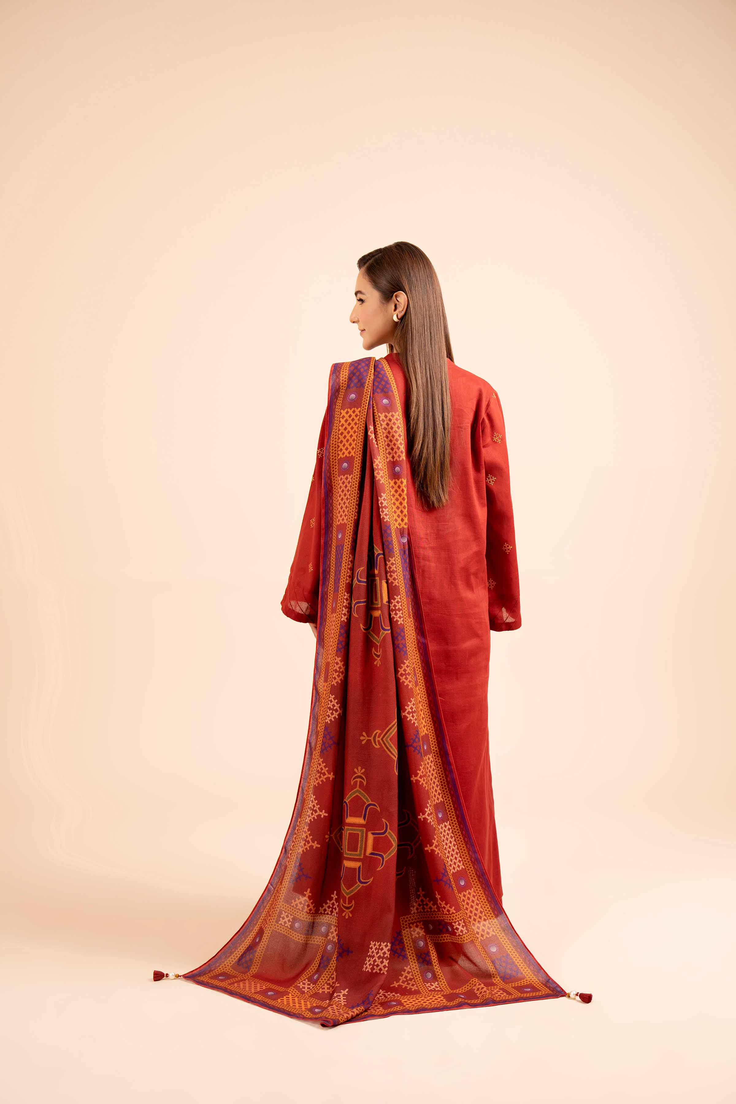 NishatUK - Red Embroidered Cotton 3-piece unstitched Suit