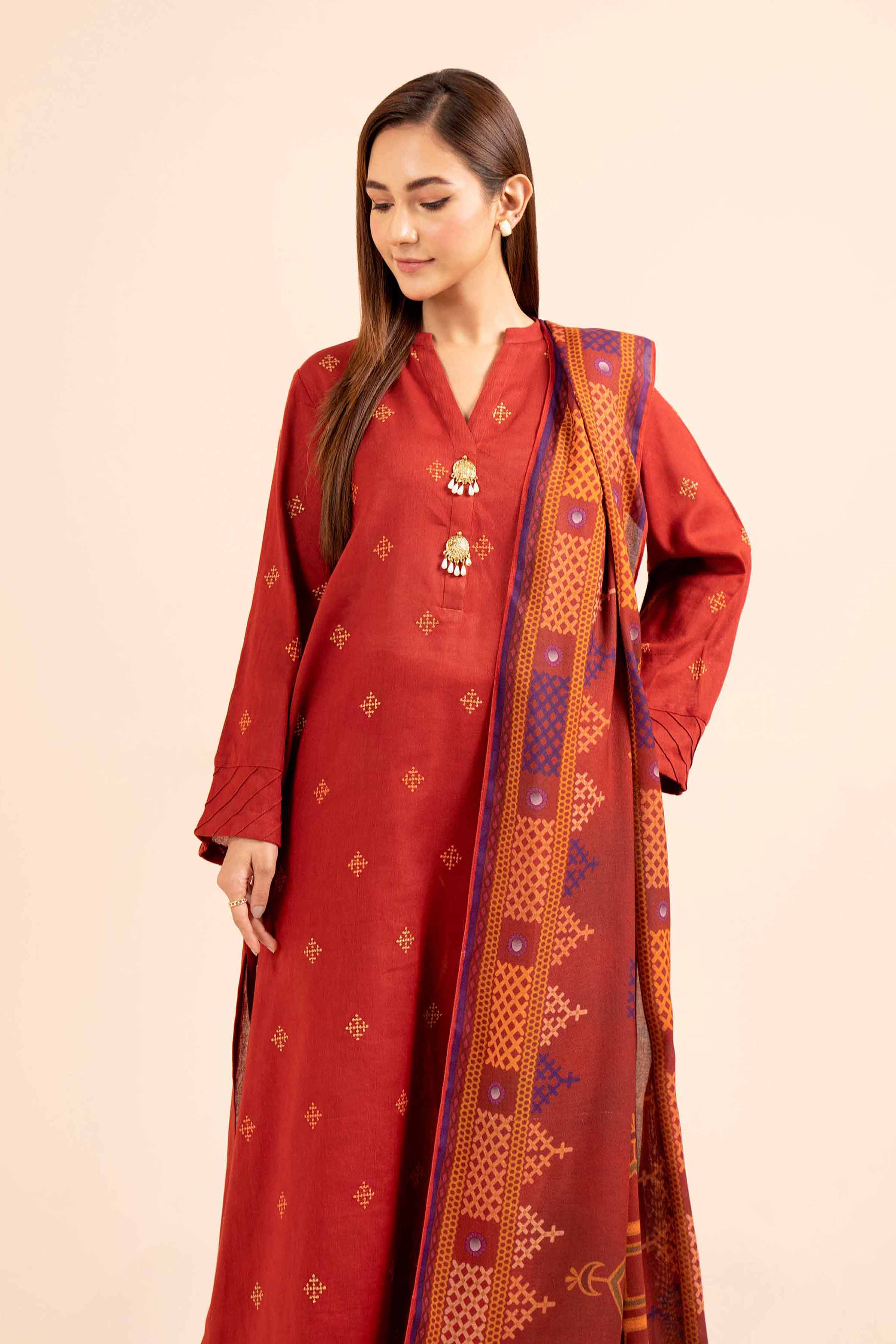 NishatUK - Red Embroidered Cotton 3-piece unstitched Suit