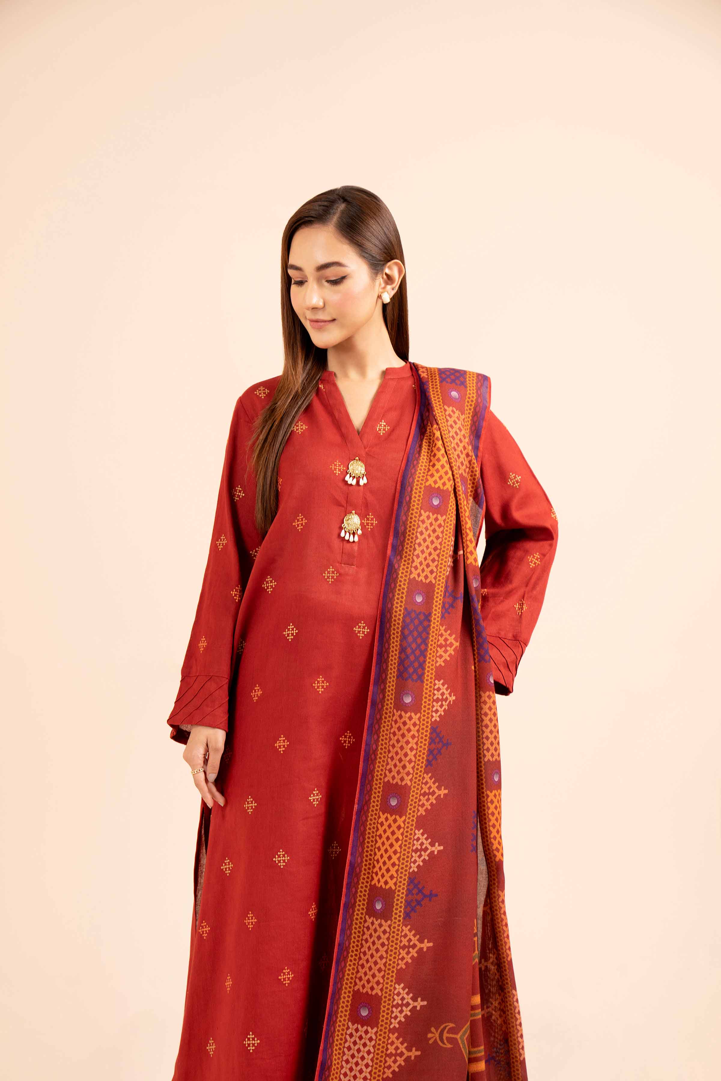 NishatUK - Red Embroidered Cotton 3-piece unstitched Suit