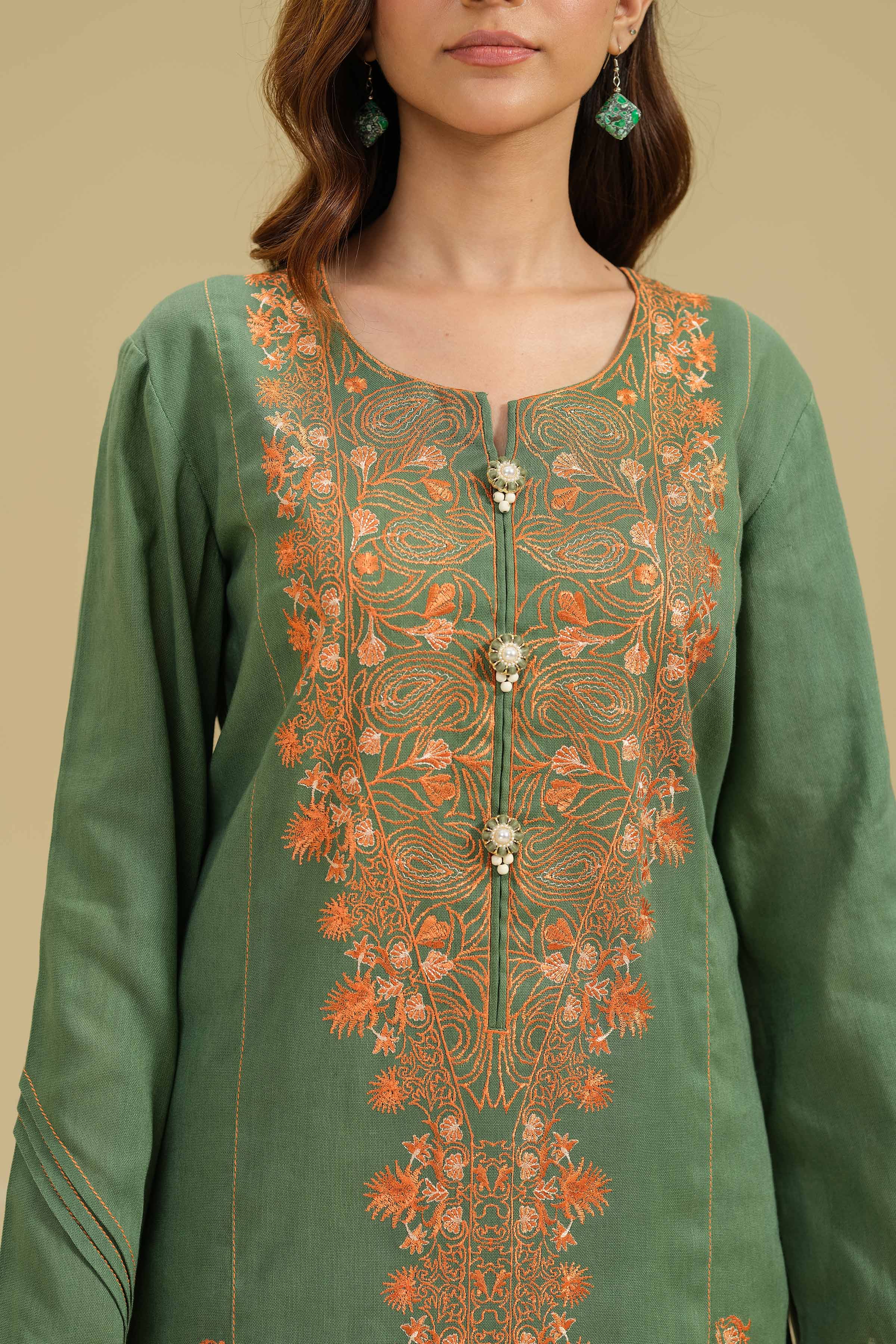 NishatUK - Green Embroidered Cotton 3-piece unstitched Suit