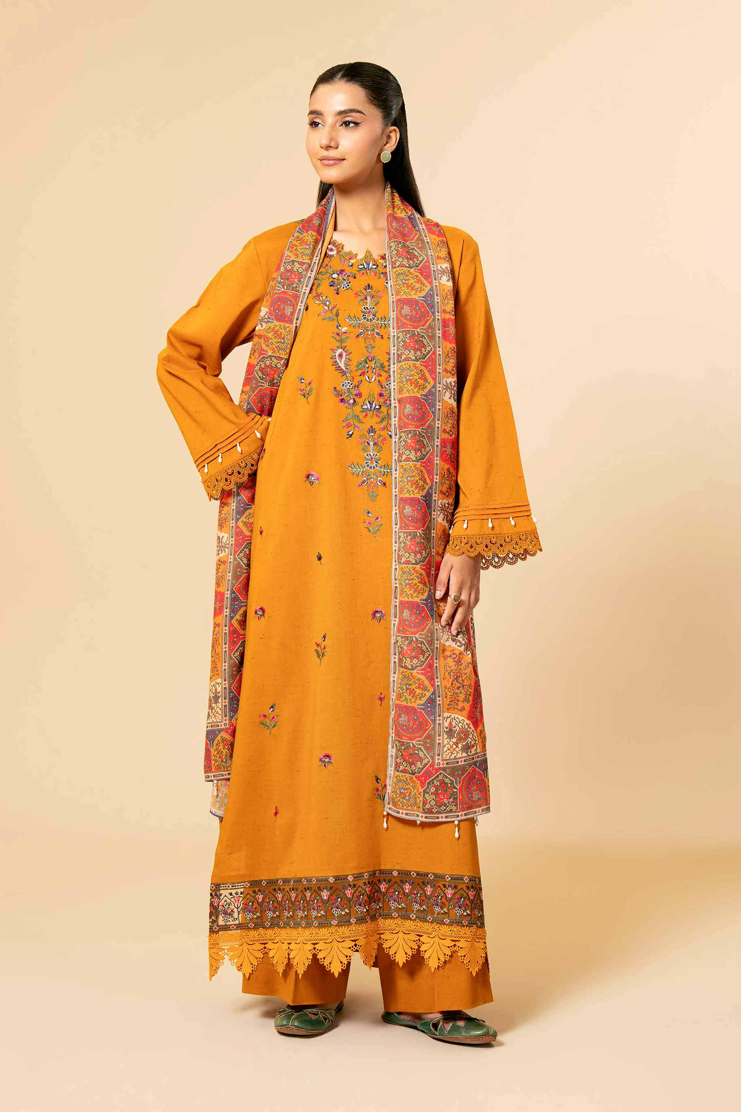 NishatUK - Orange Embroidered Cotton 3-piece unstitched Suit