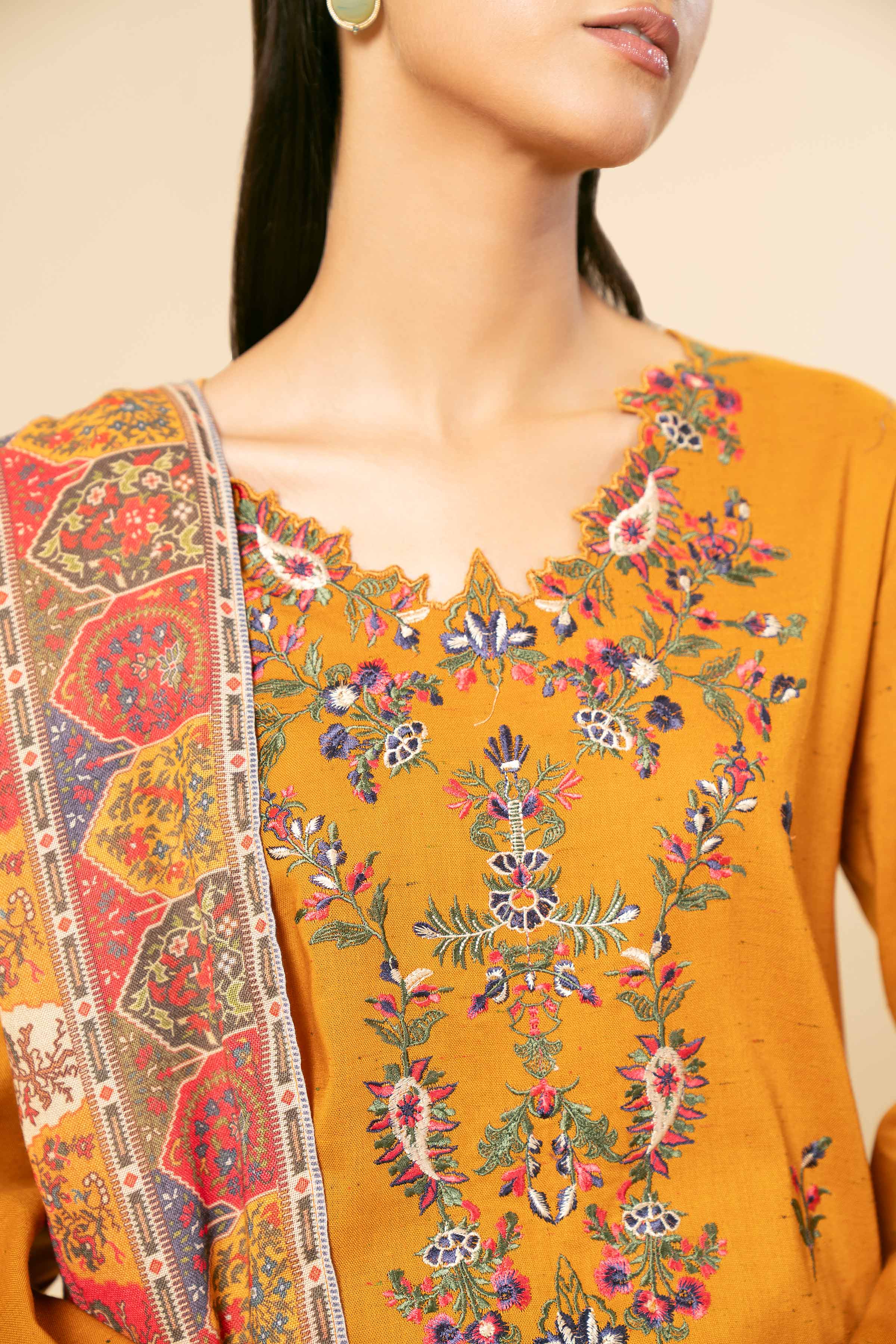 NishatUK - Orange Embroidered Cotton 3-piece unstitched Suit