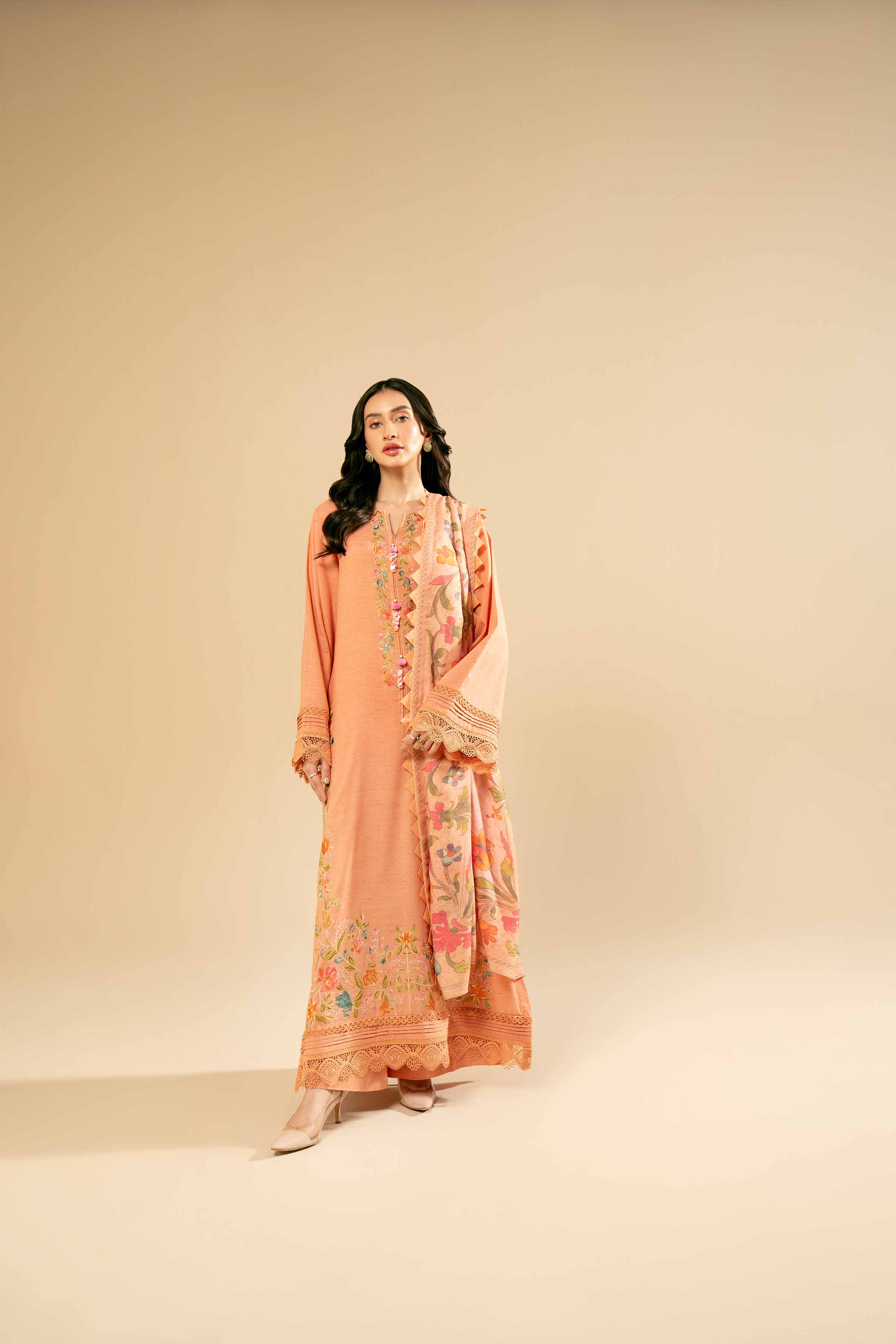NishatUK - Peach Embroidered Cotton 3-piece unstitched Suit