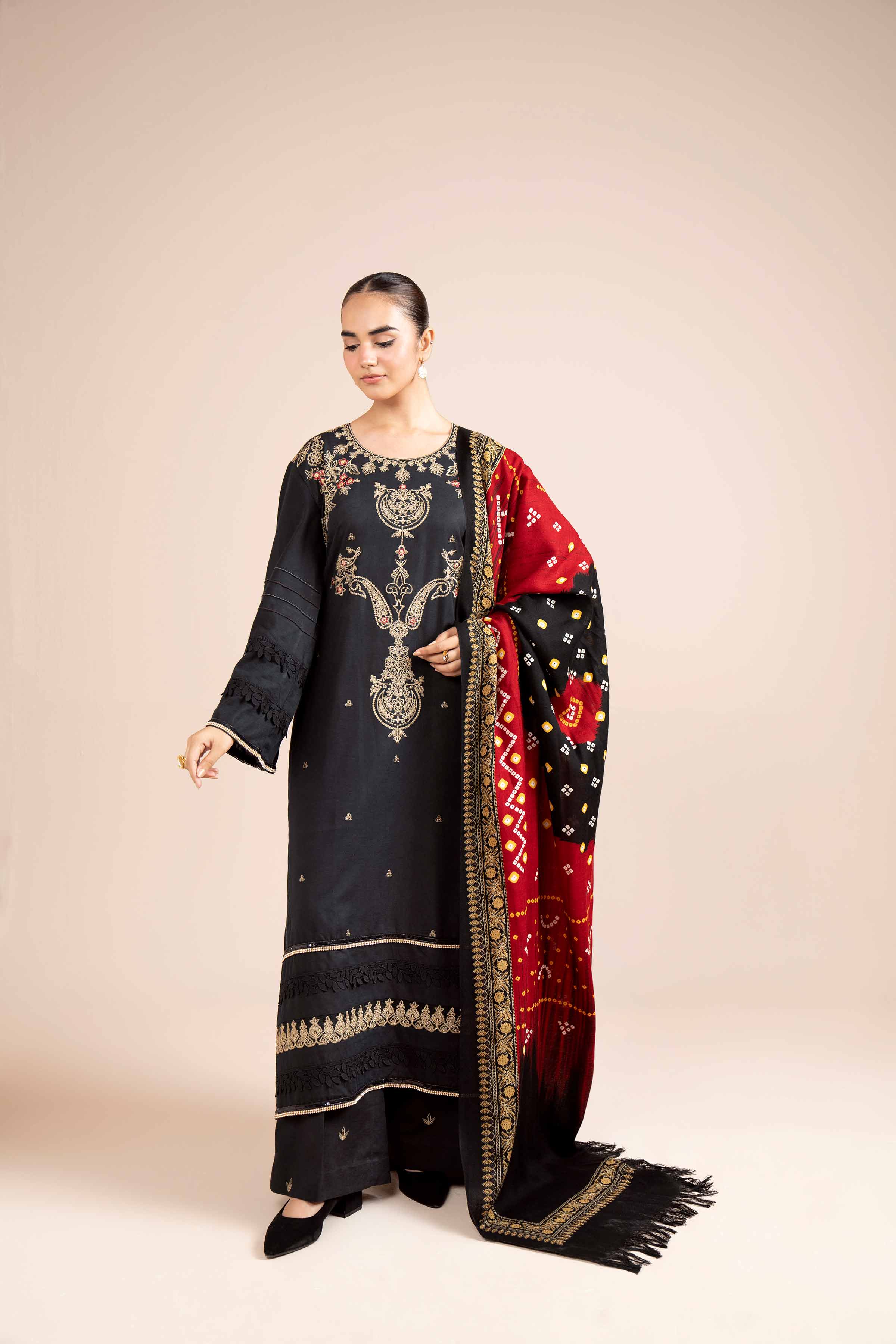 NishatUK - Black Embroidered Karandi 3-piece unstitched Suit