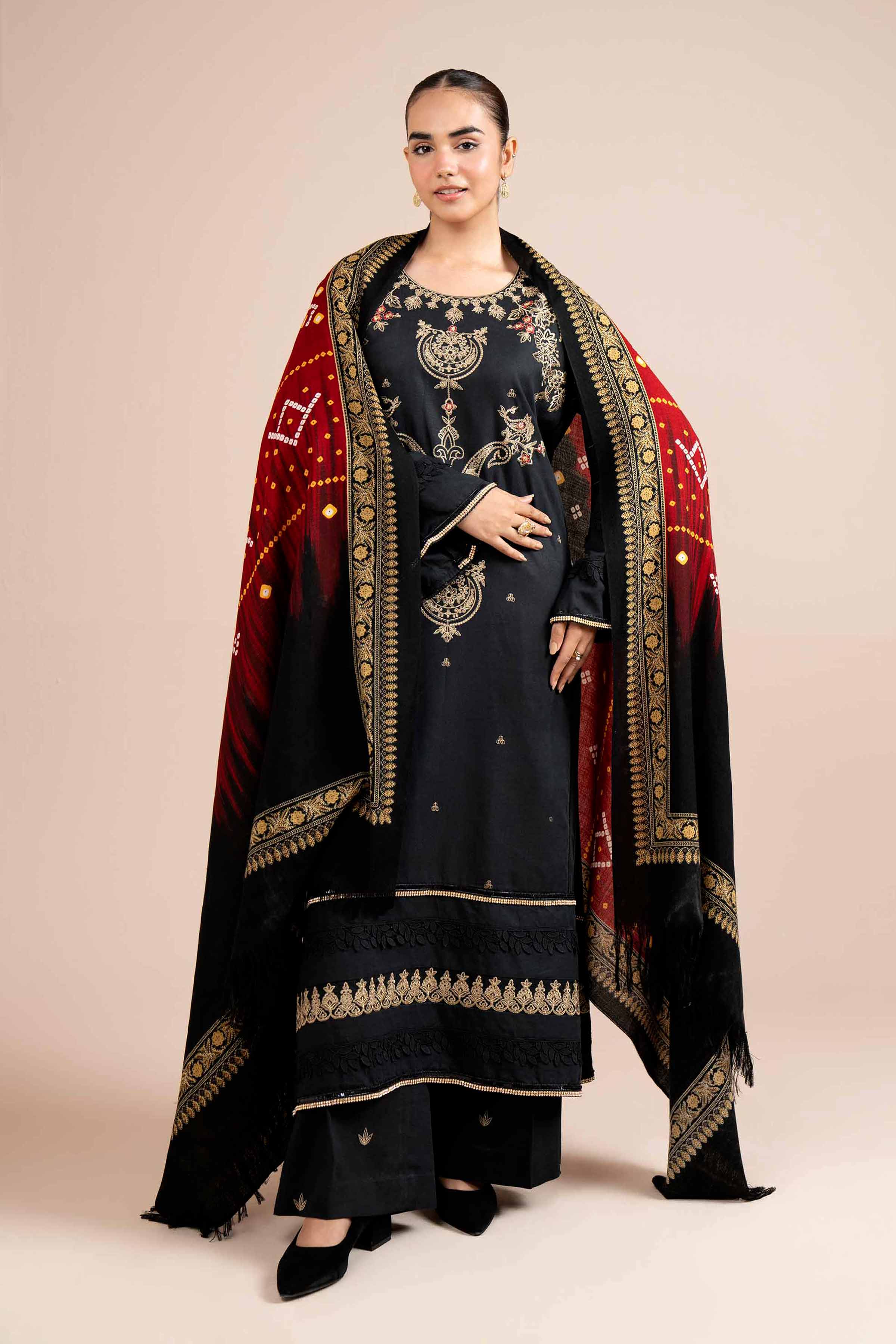 NishatUK - Black Embroidered Karandi 3-piece unstitched Suit