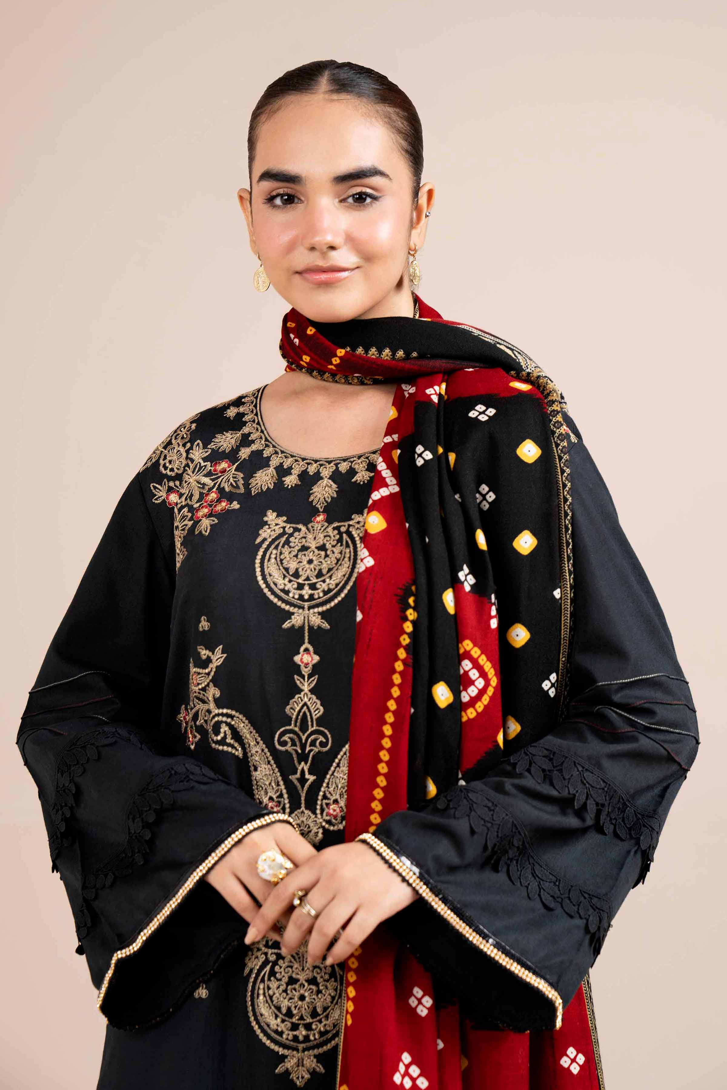 NishatUK - Black Embroidered Karandi 3-piece unstitched Suit