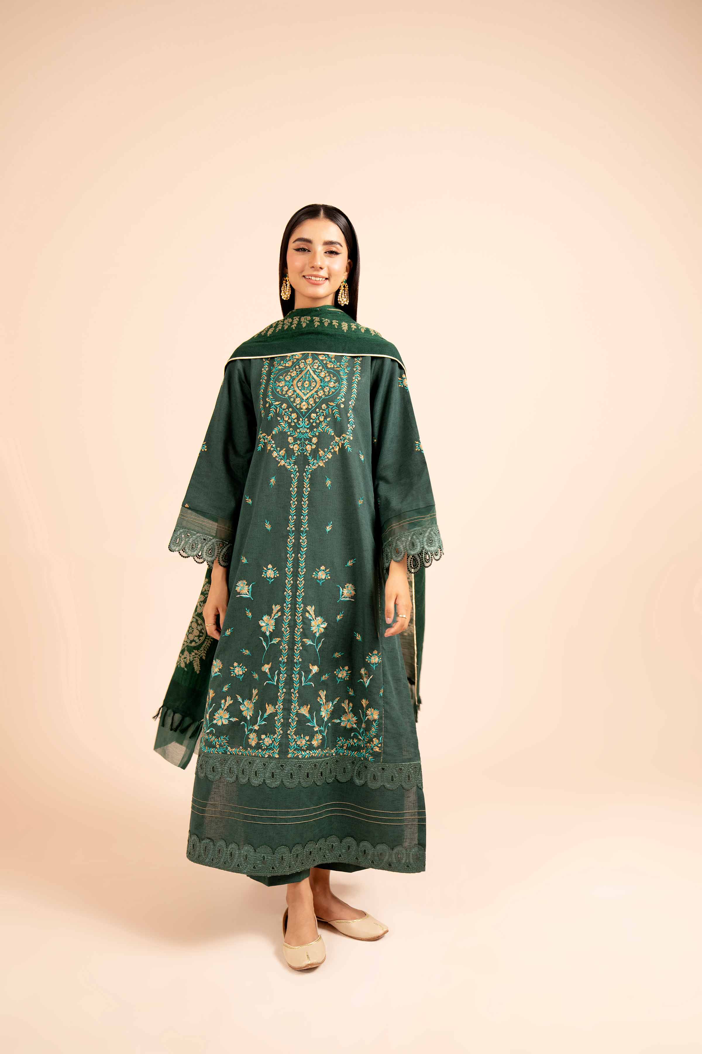 NishatUK - Green Embroidered Karandi 3-piece unstitched Suit