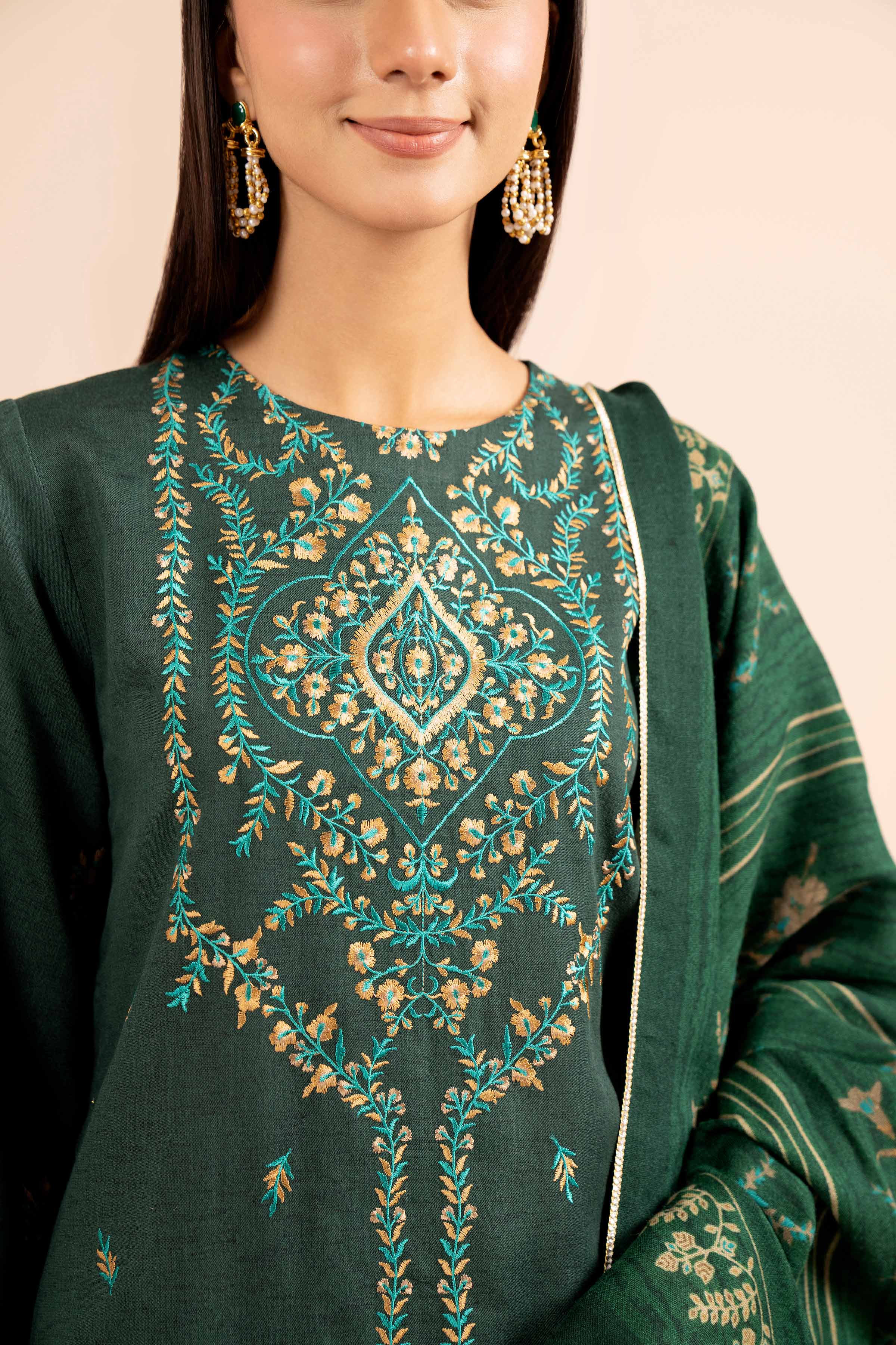 NishatUK - Green Embroidered Karandi 3-piece unstitched Suit