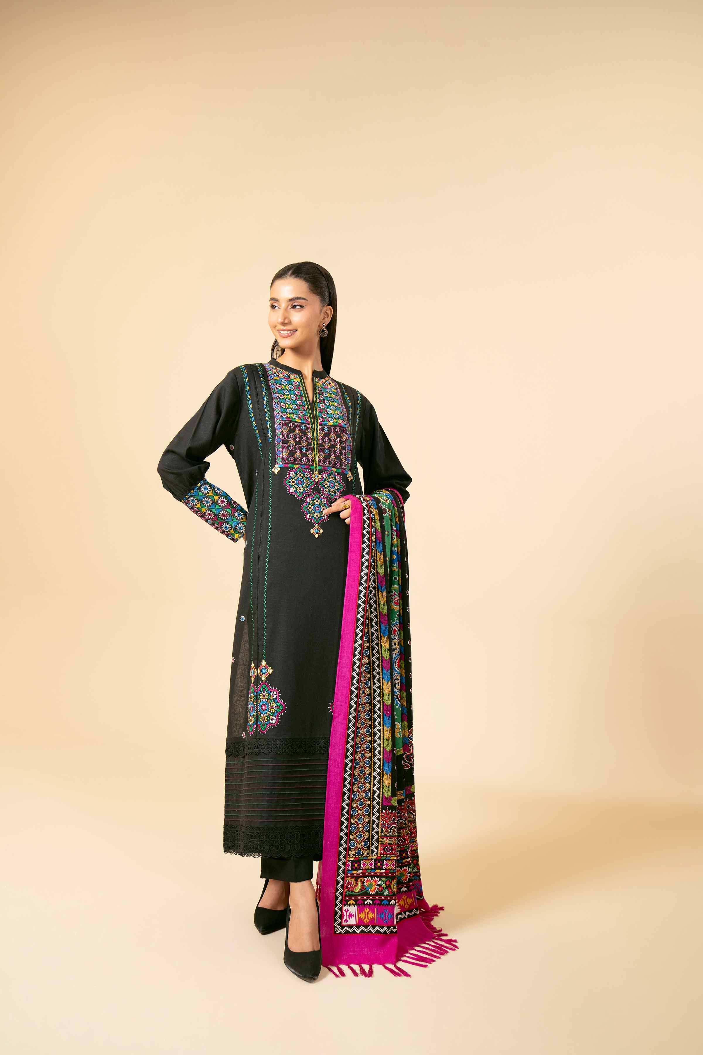 NishatUK - Black Embroidered Karandi 3-piece unstitched Suit