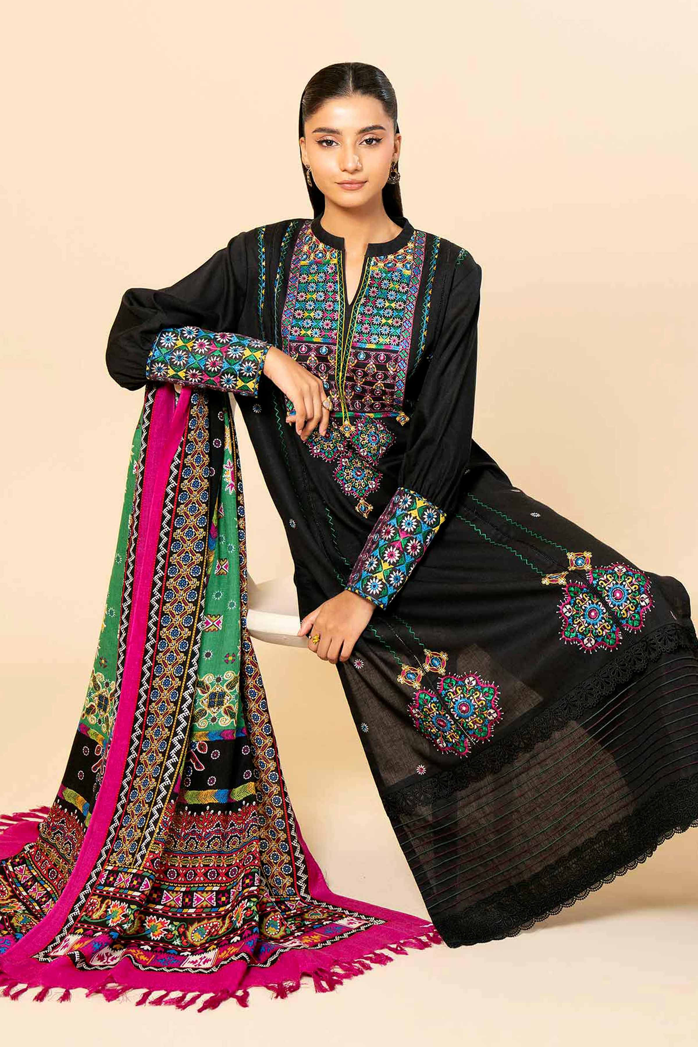 NishatUK - Black Embroidered Karandi 3-piece unstitched Suit