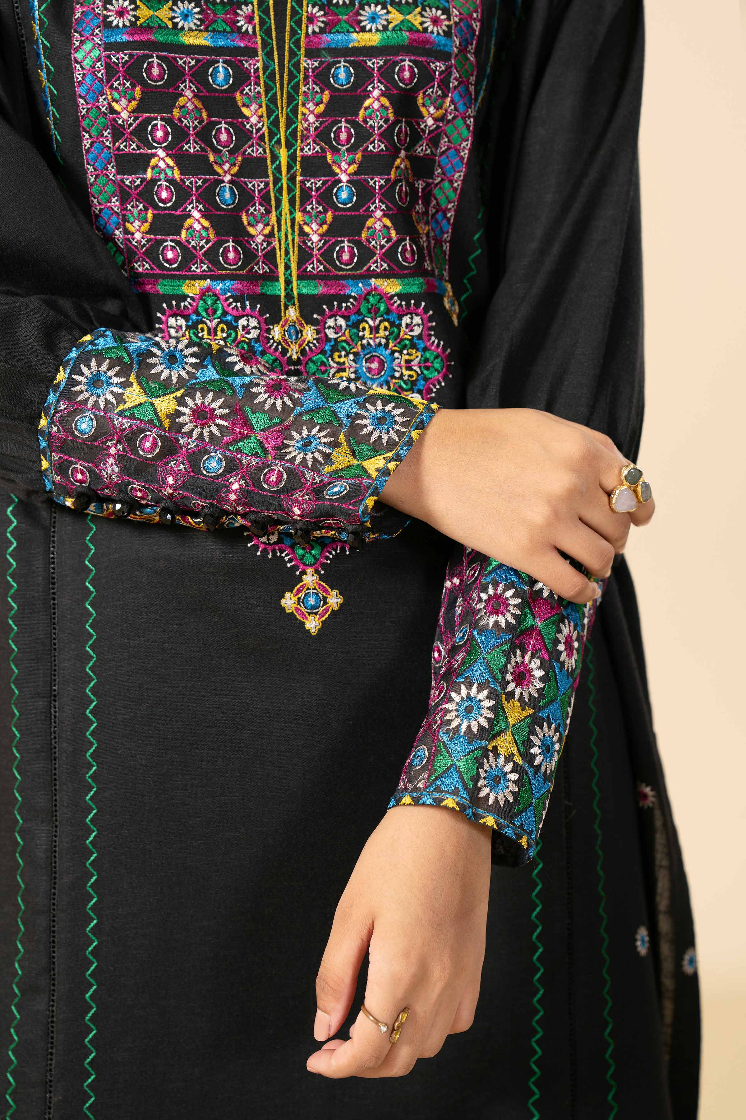 NishatUK - Black Embroidered Karandi 3-piece unstitched Suit