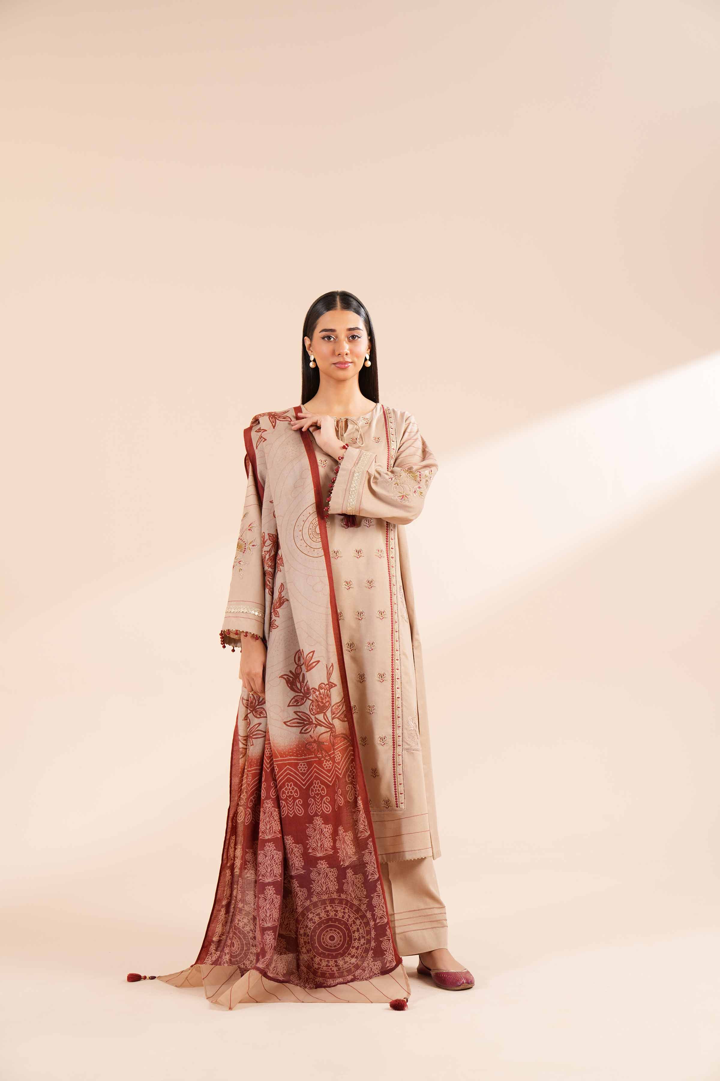 NishatUK - Brown Embroidered Karandi 3-piece unstitched Suit