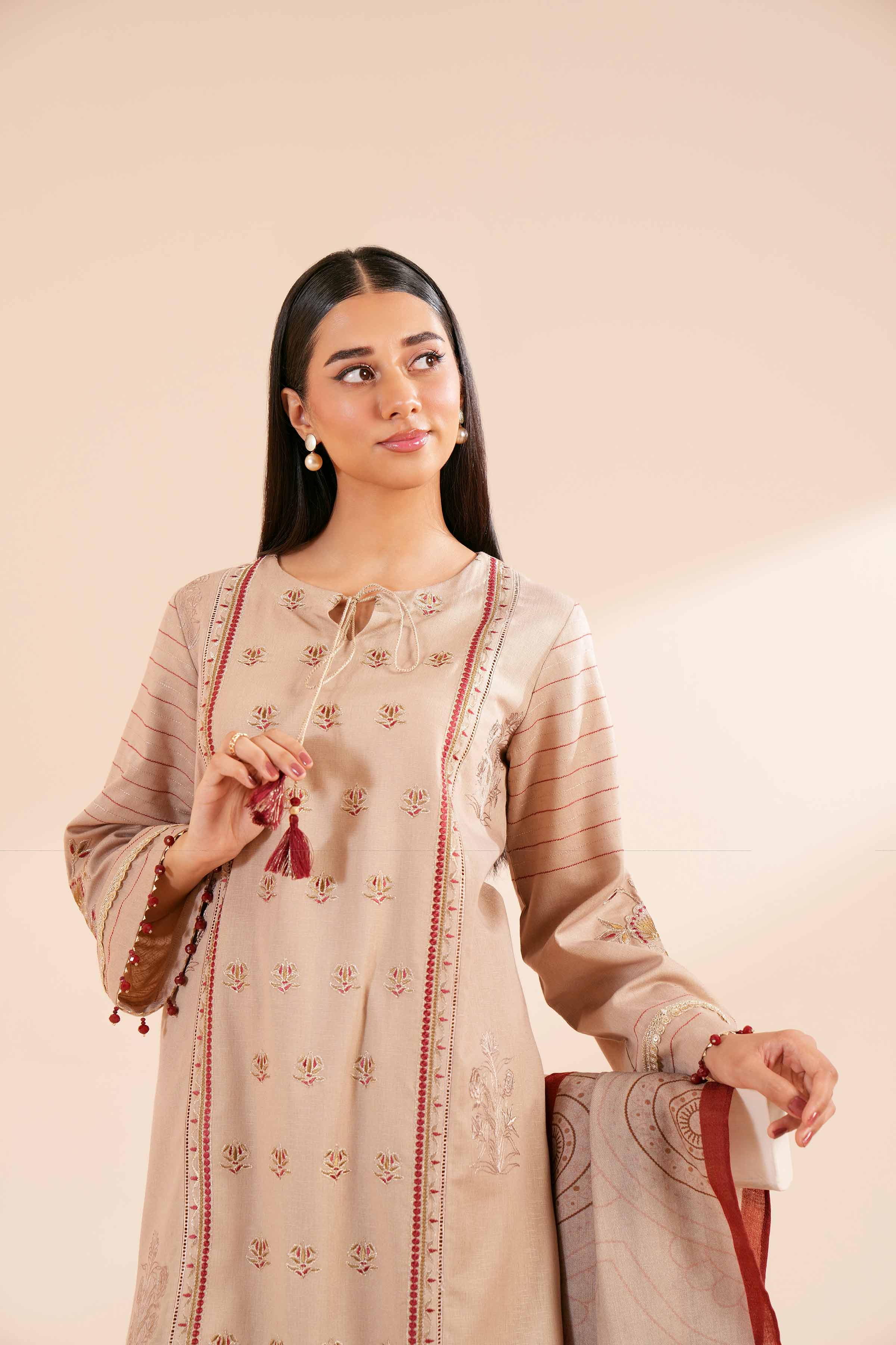NishatUK - Brown Embroidered Karandi 3-piece unstitched Suit
