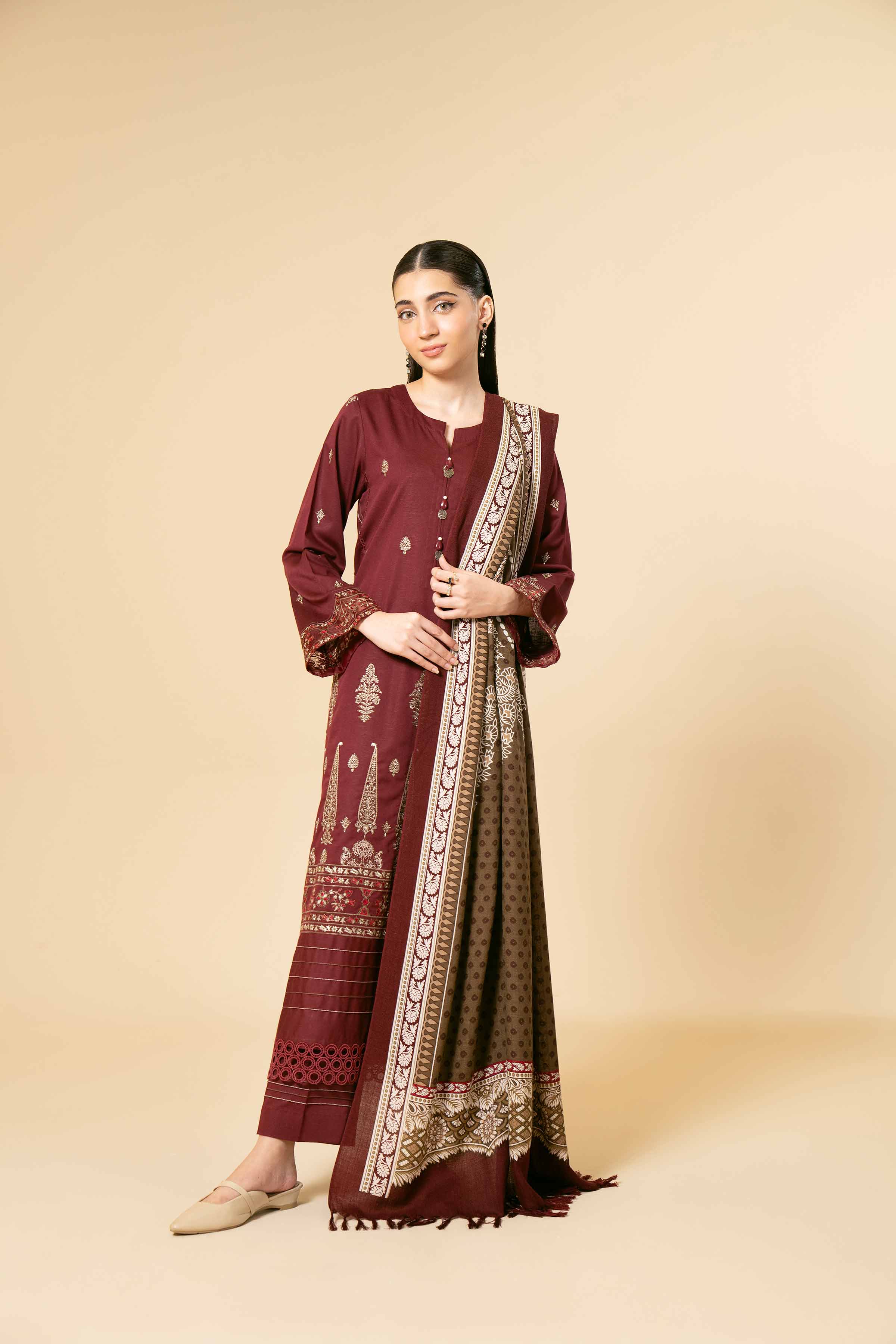NishatUK - Red Embroidered Karandi 3-piece unstitched Suit