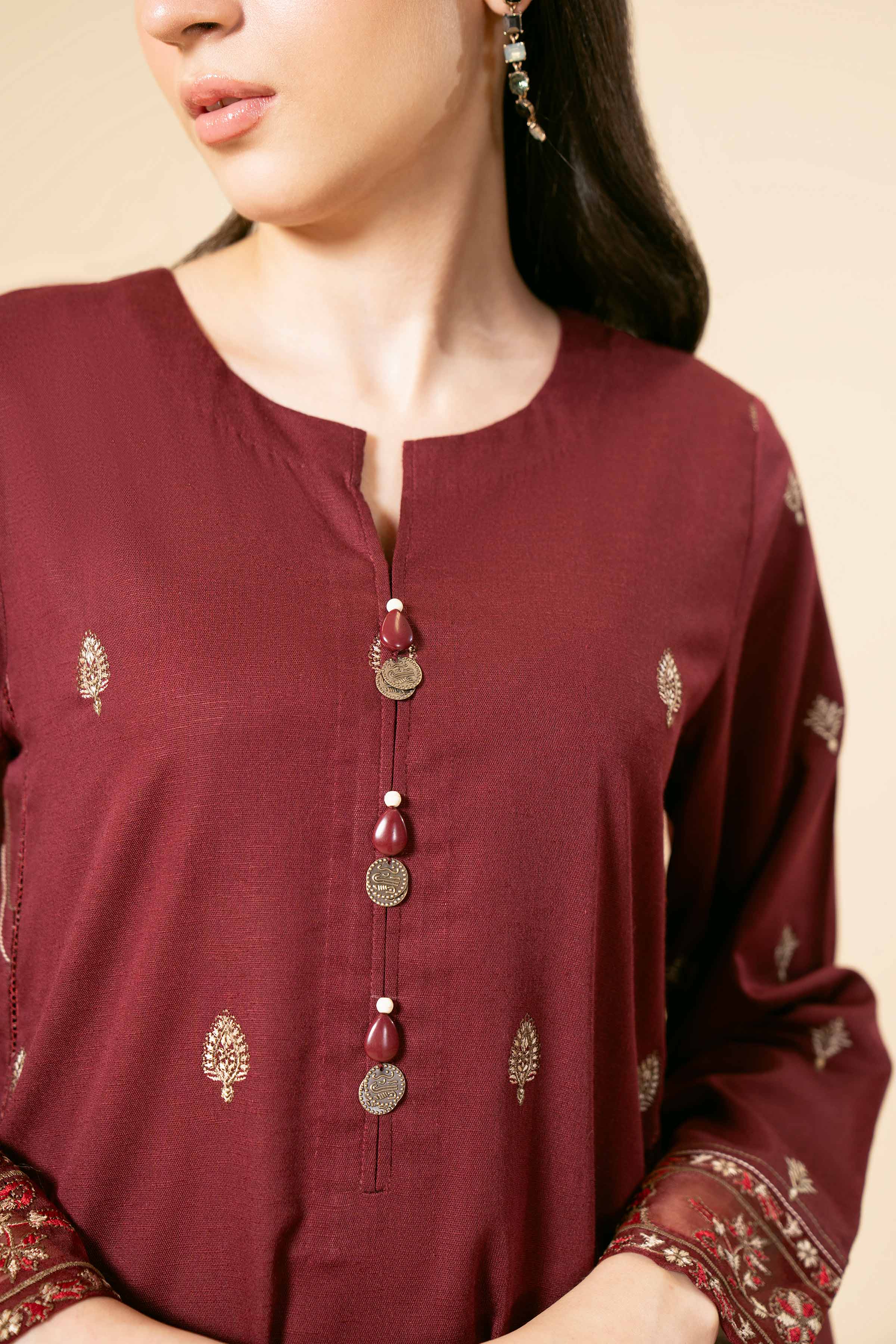 NishatUK - Red Embroidered Karandi 3-piece unstitched Suit