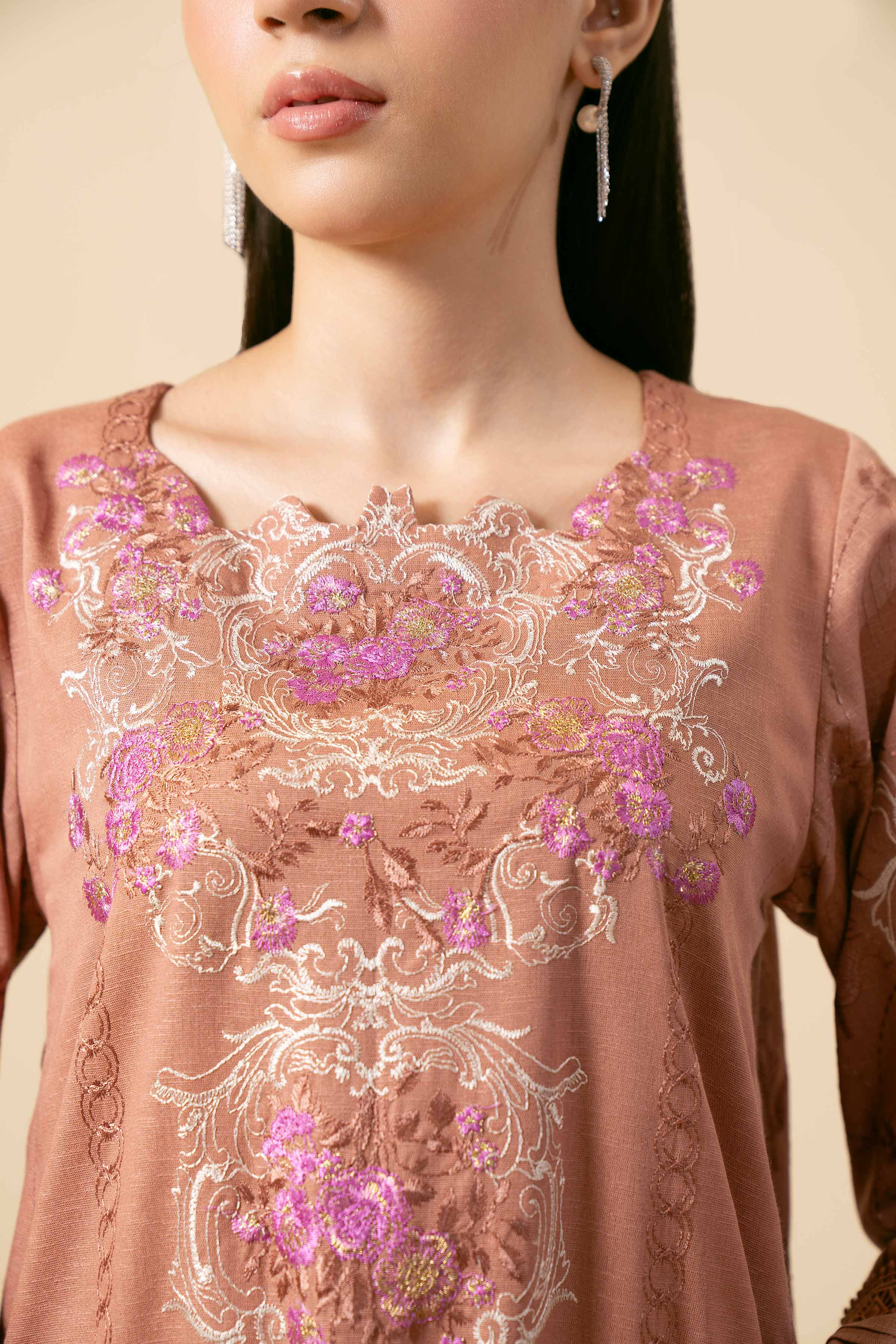 NishatUK - Pink Embroidered Karandi 3-piece unstitched Suit
