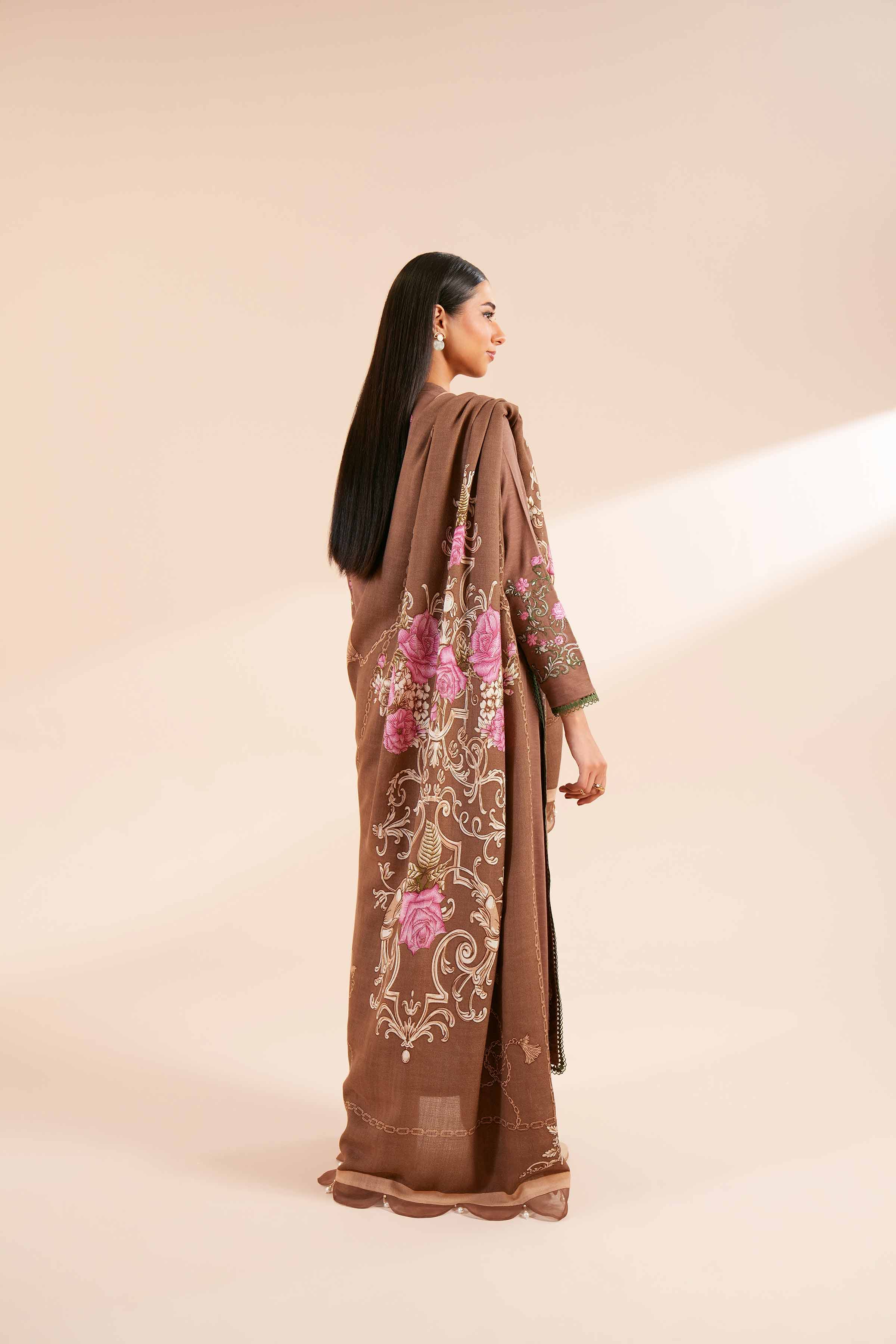 NishatUK - Brown Embroidered Karandi 3-piece unstitched Suit