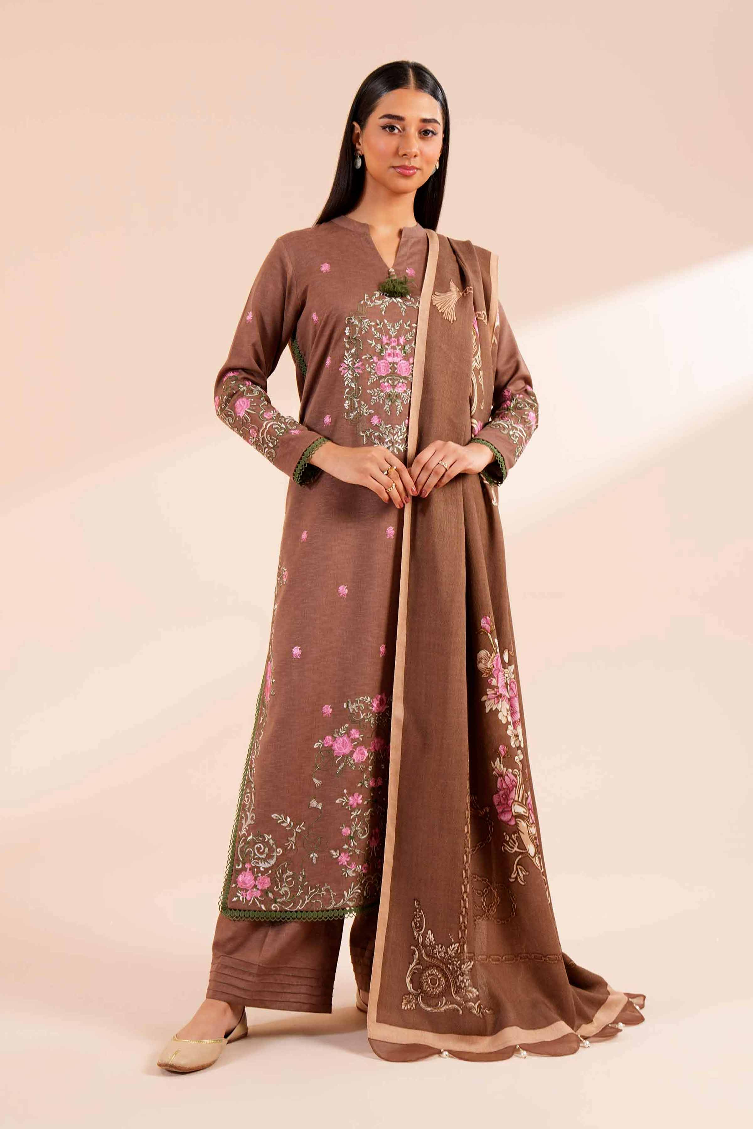 NishatUK - Brown Embroidered Karandi 3-piece unstitched Suit