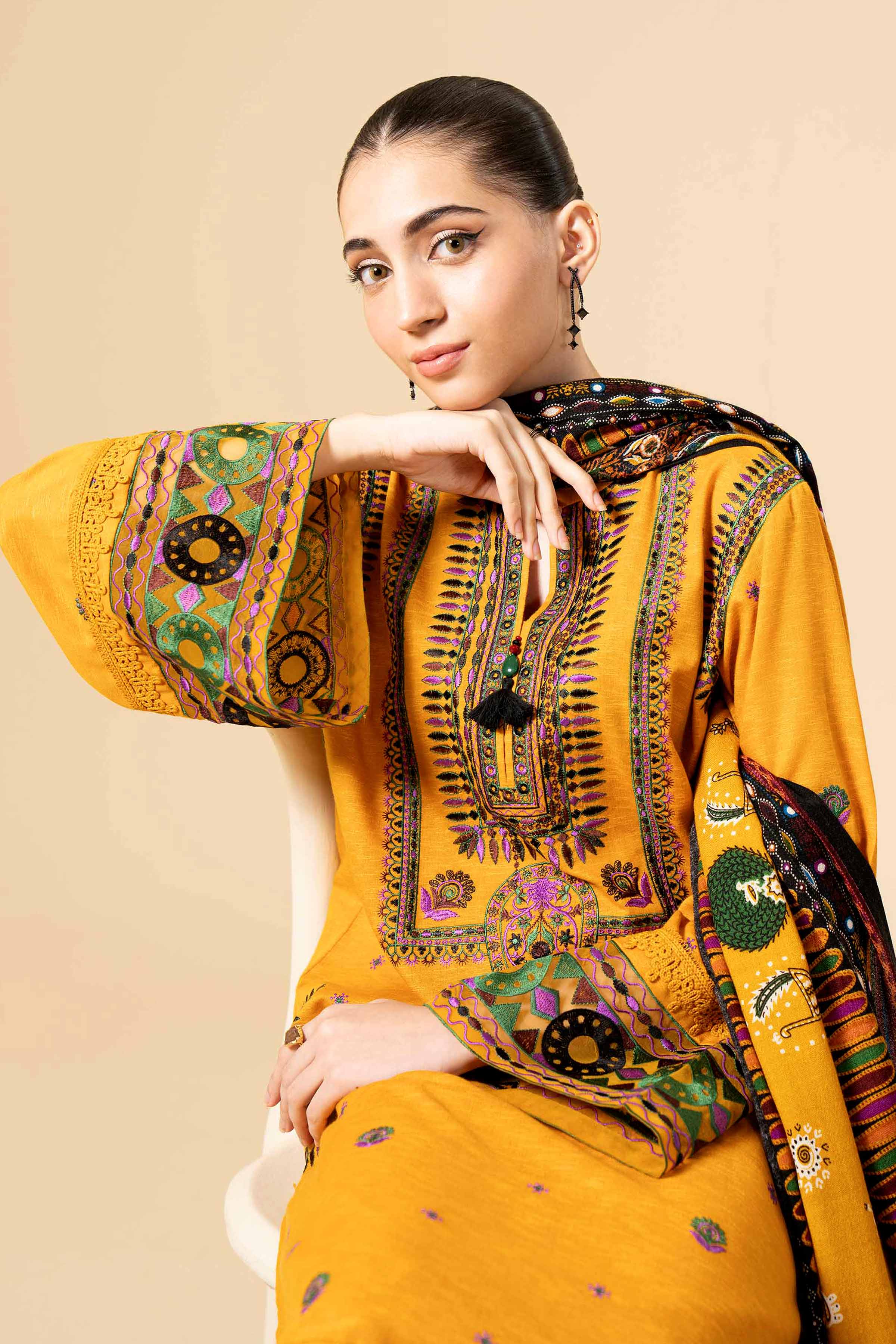 NishatUK - Yellow Embroidered Karandi 3-piece unstitched Suit