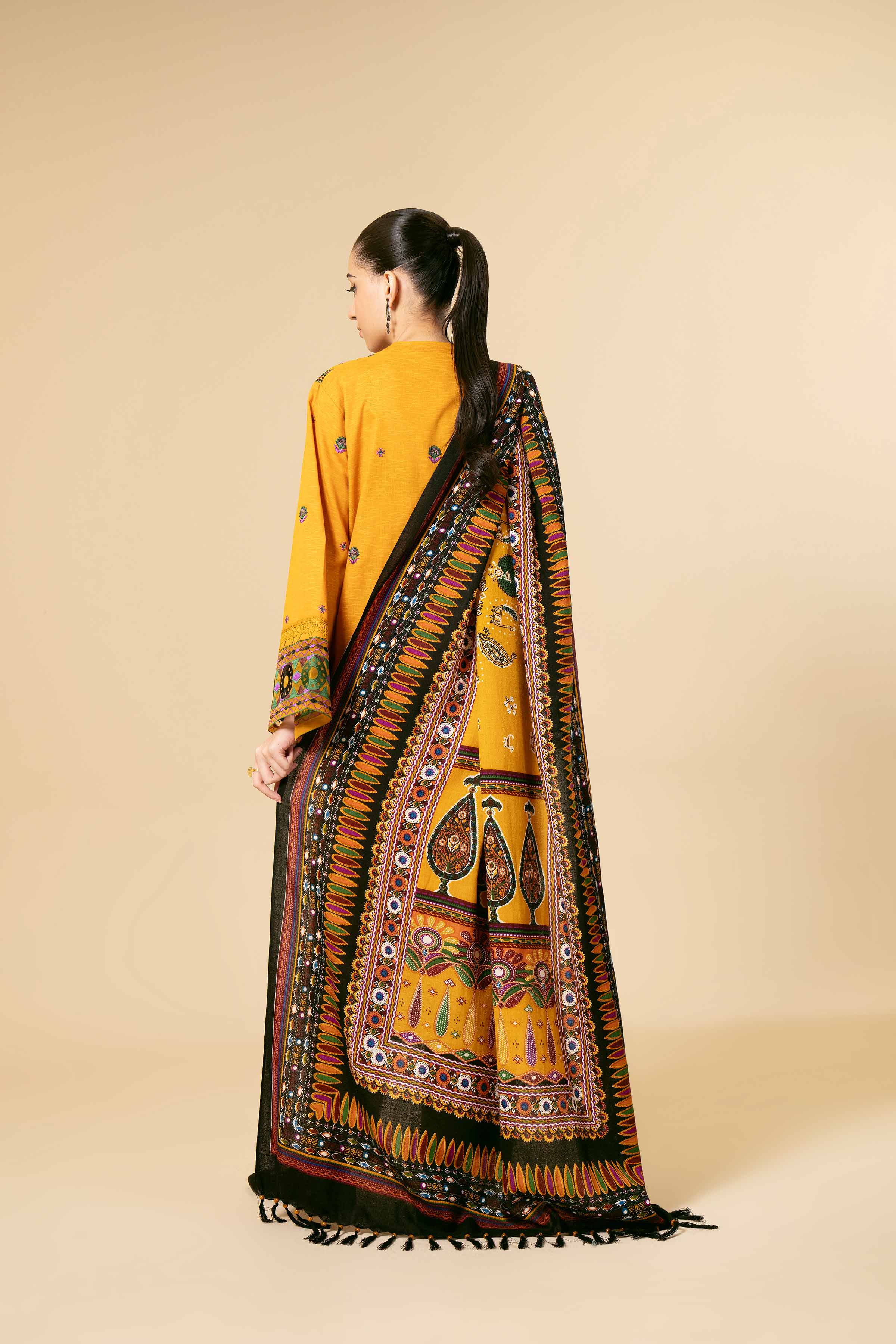 NishatUK - Yellow Embroidered Karandi 3-piece unstitched Suit