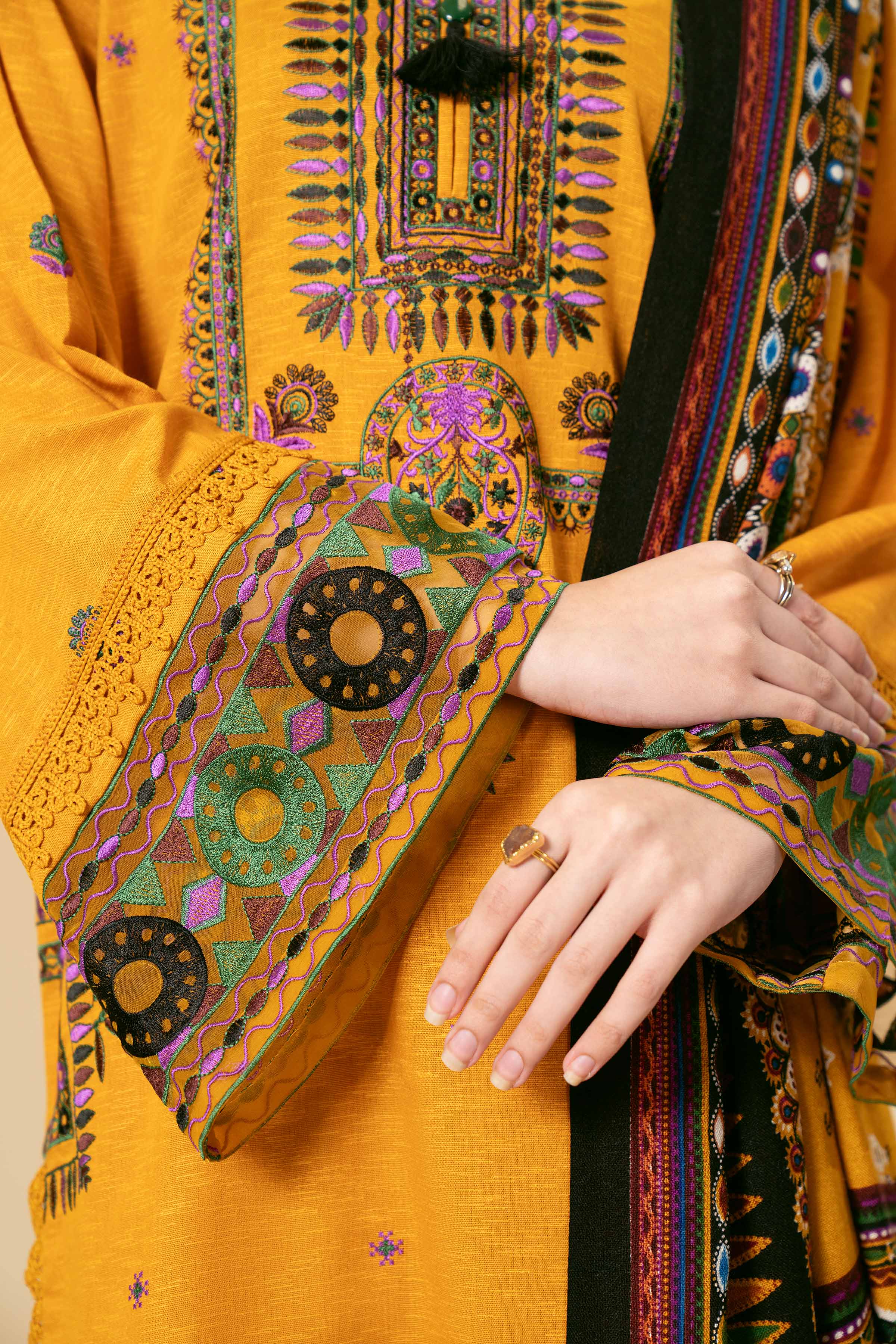 NishatUK - Yellow Embroidered Karandi 3-piece unstitched Suit