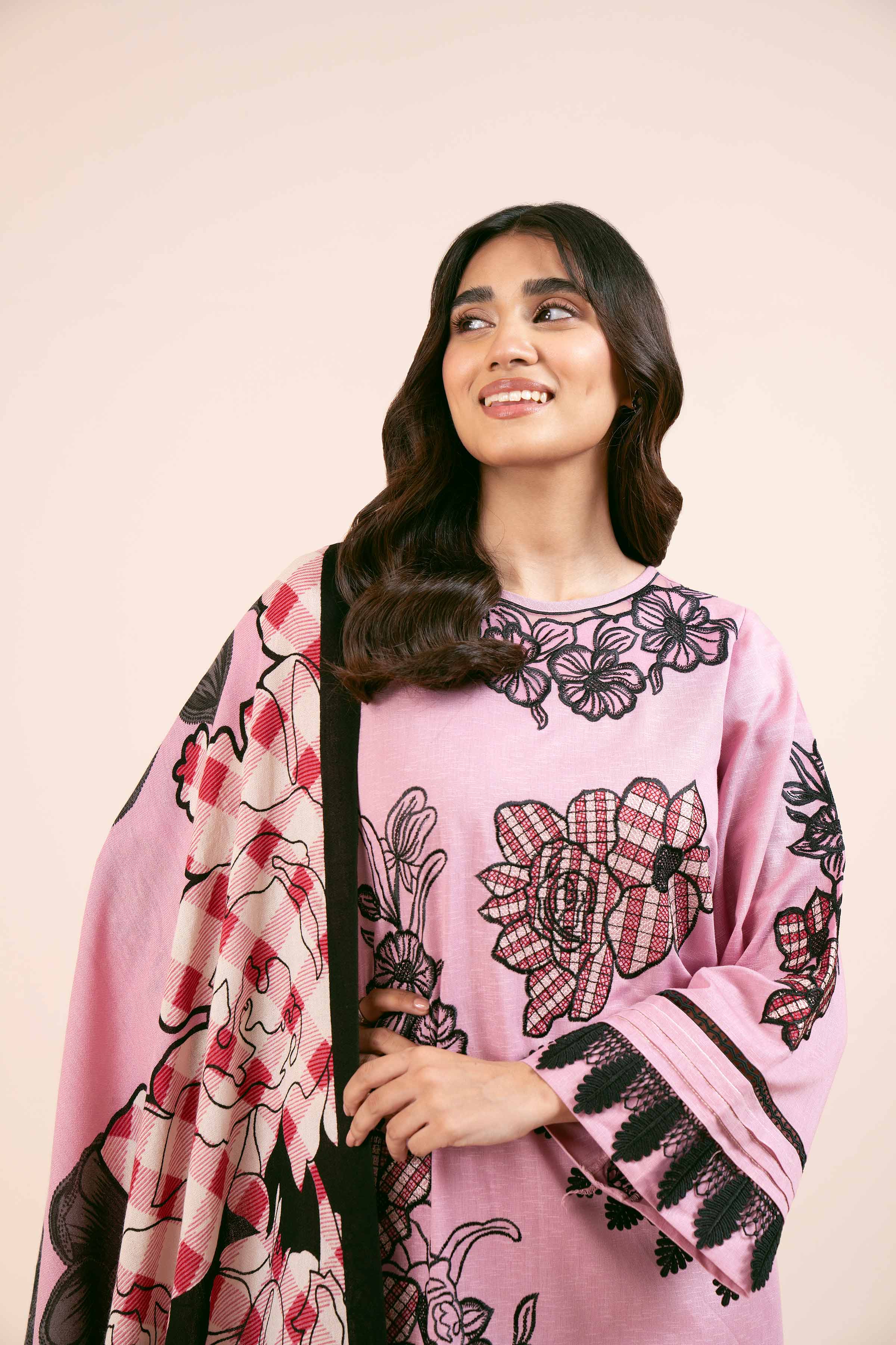 NishatUK - Pink Embroidered Karandi 3-piece unstitched Suit