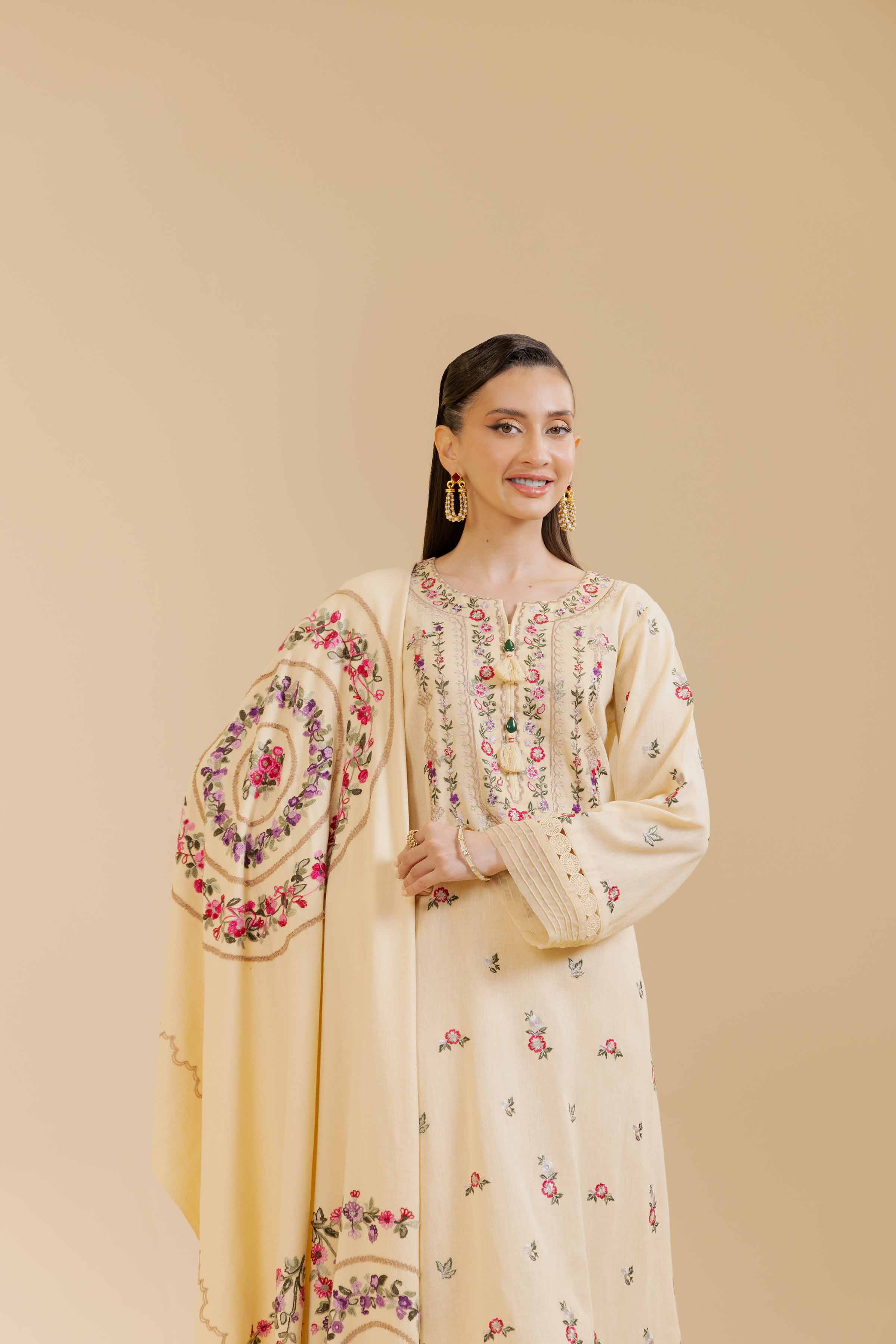 NishatUK - Beige Embroidered Cotton 3-piece unstitched Suit