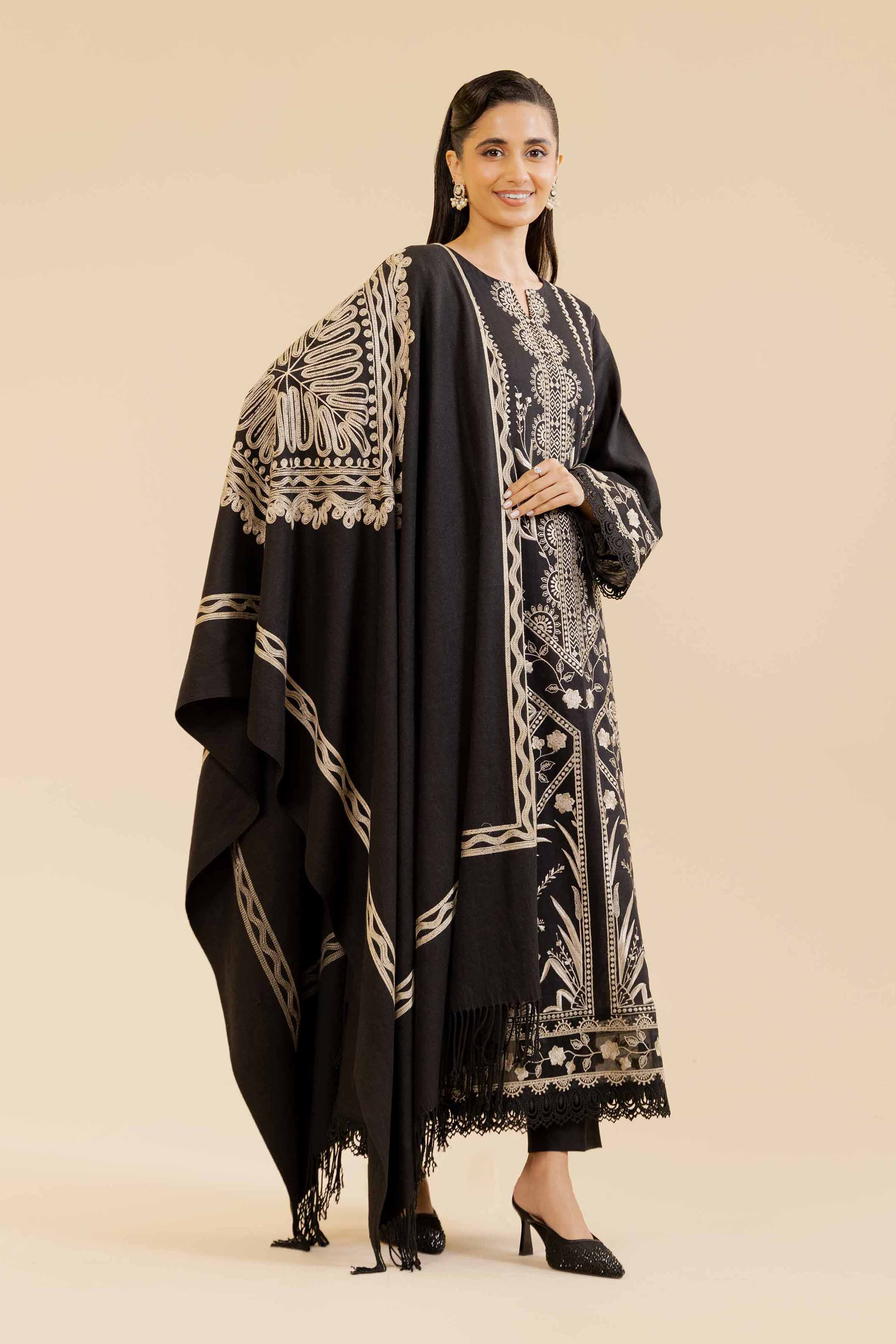 NishatUK - Black Embroidered Cotton 3-piece unstitched Suit