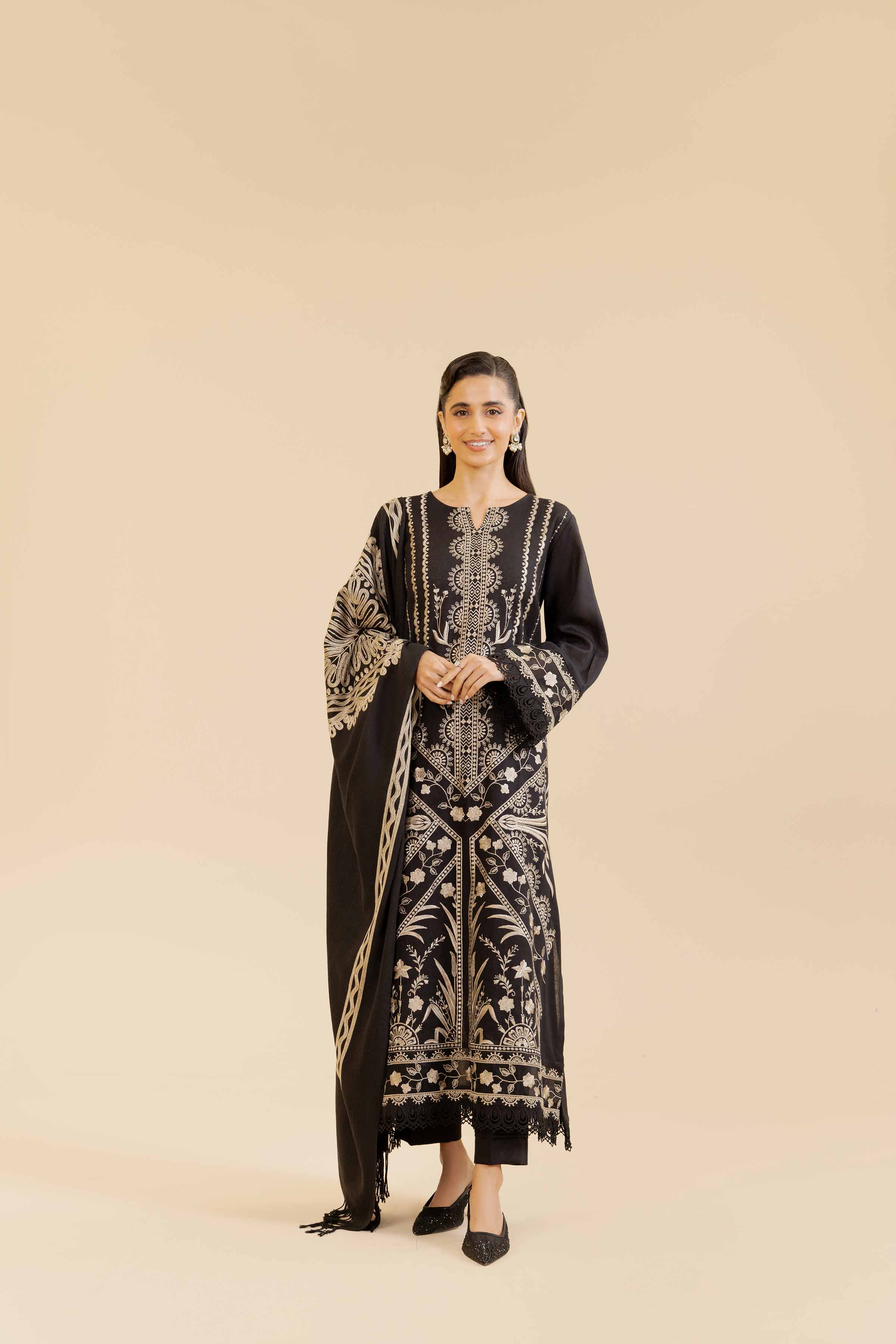 NishatUK - Black Embroidered Cotton 3-piece unstitched Suit