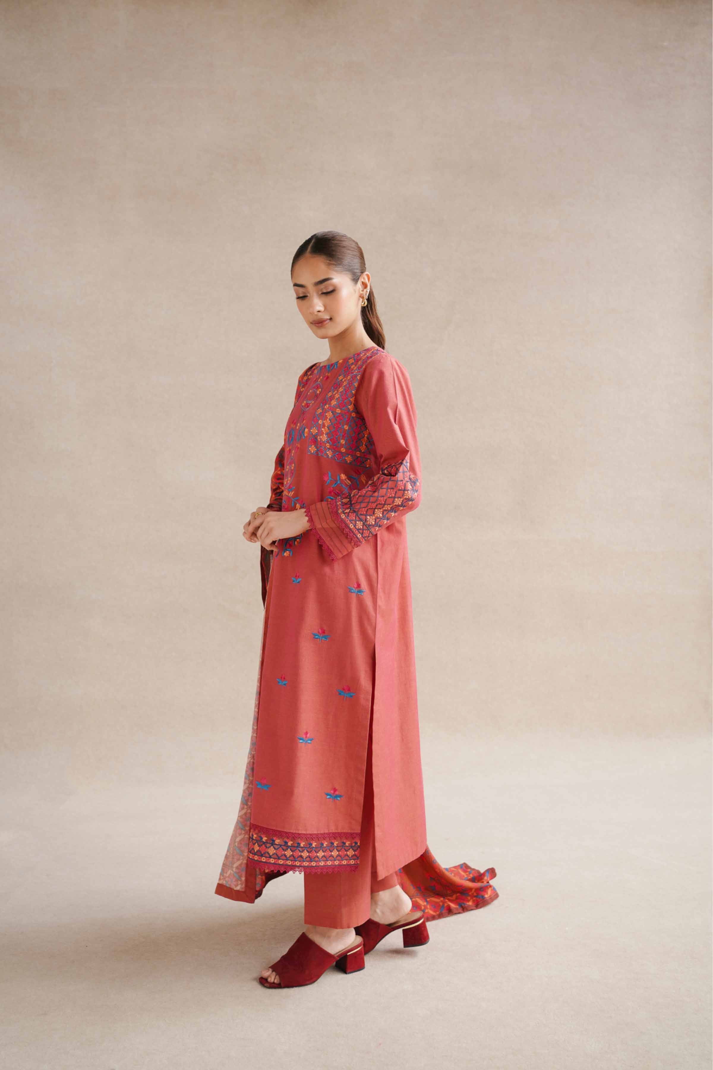 NishatUK - Red Embroidered Yarn Dyed 3-piece unstitched Suit
