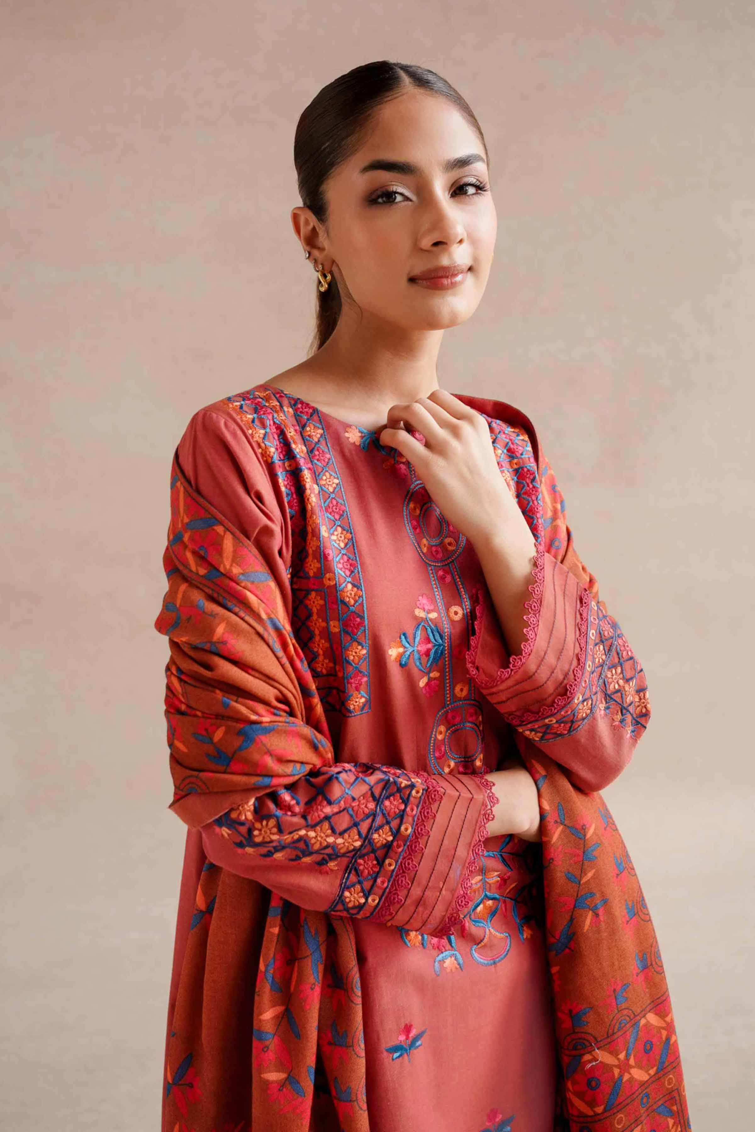 NishatUK - Red Embroidered Yarn Dyed 3-piece unstitched Suit