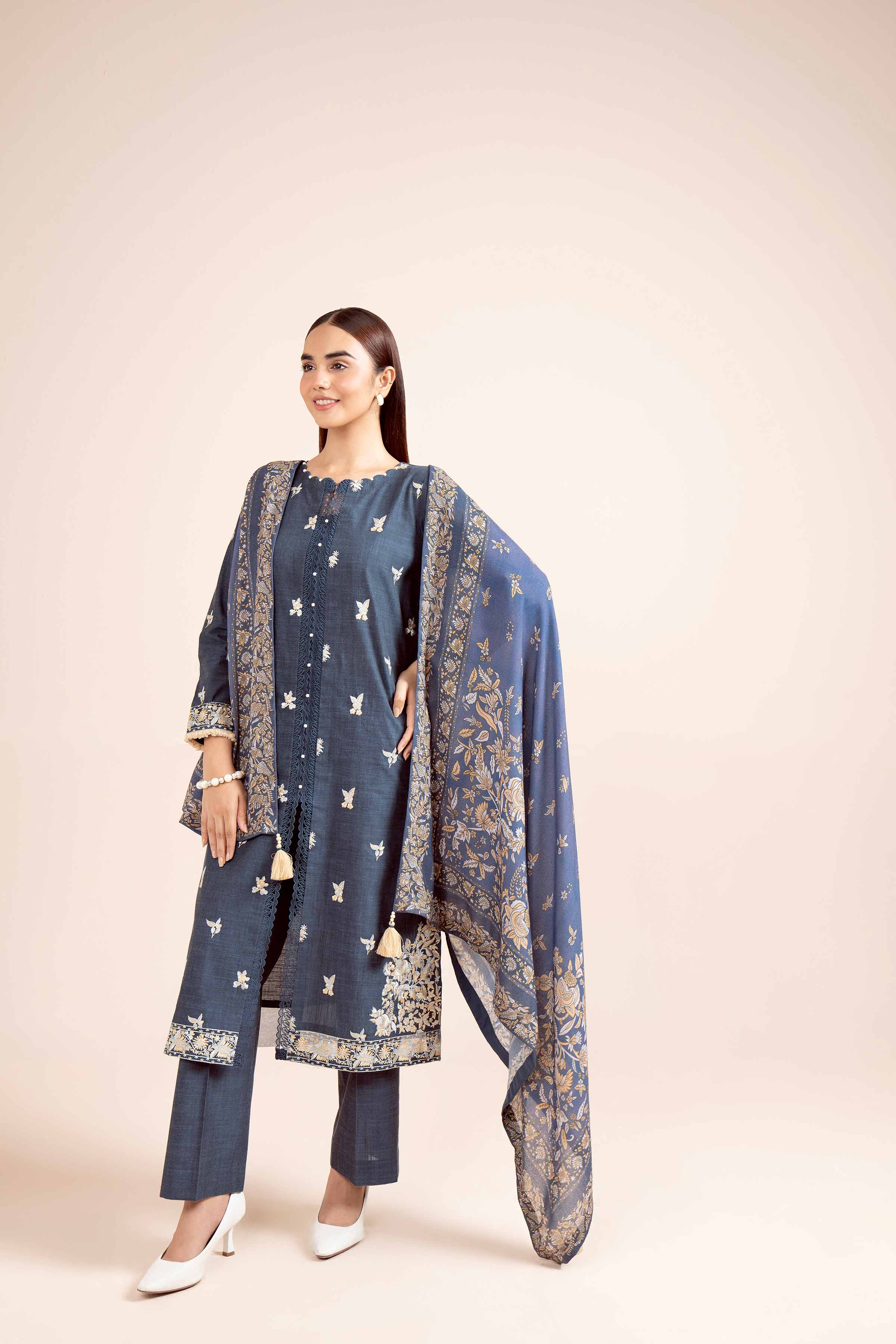 NishatUK - Blue Embroidered Yarn Dyed 3-piece unstitched Suit